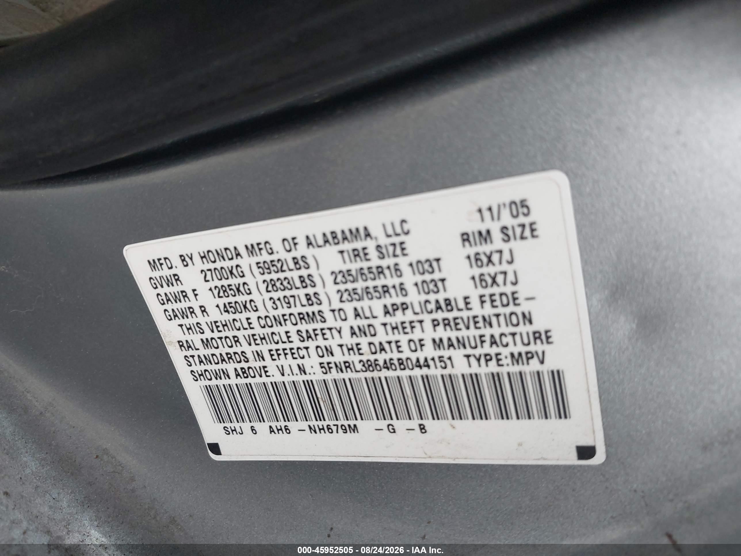 2006 Honda Odyssey Ex-l Silver vin: 5FNRL38646B044151