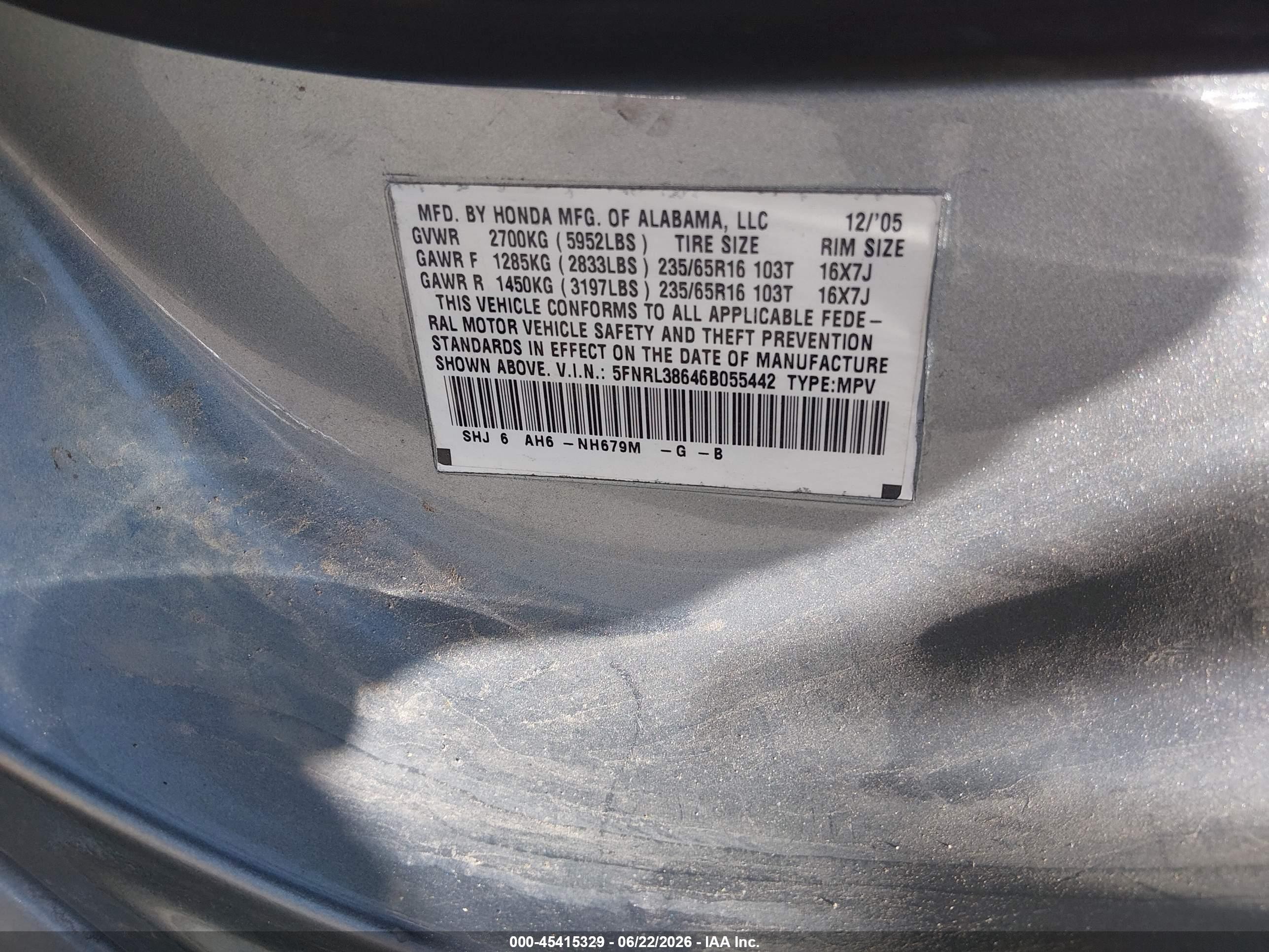2006 Honda Odyssey Ex-l Blue vin: 5FNRL38646B055442