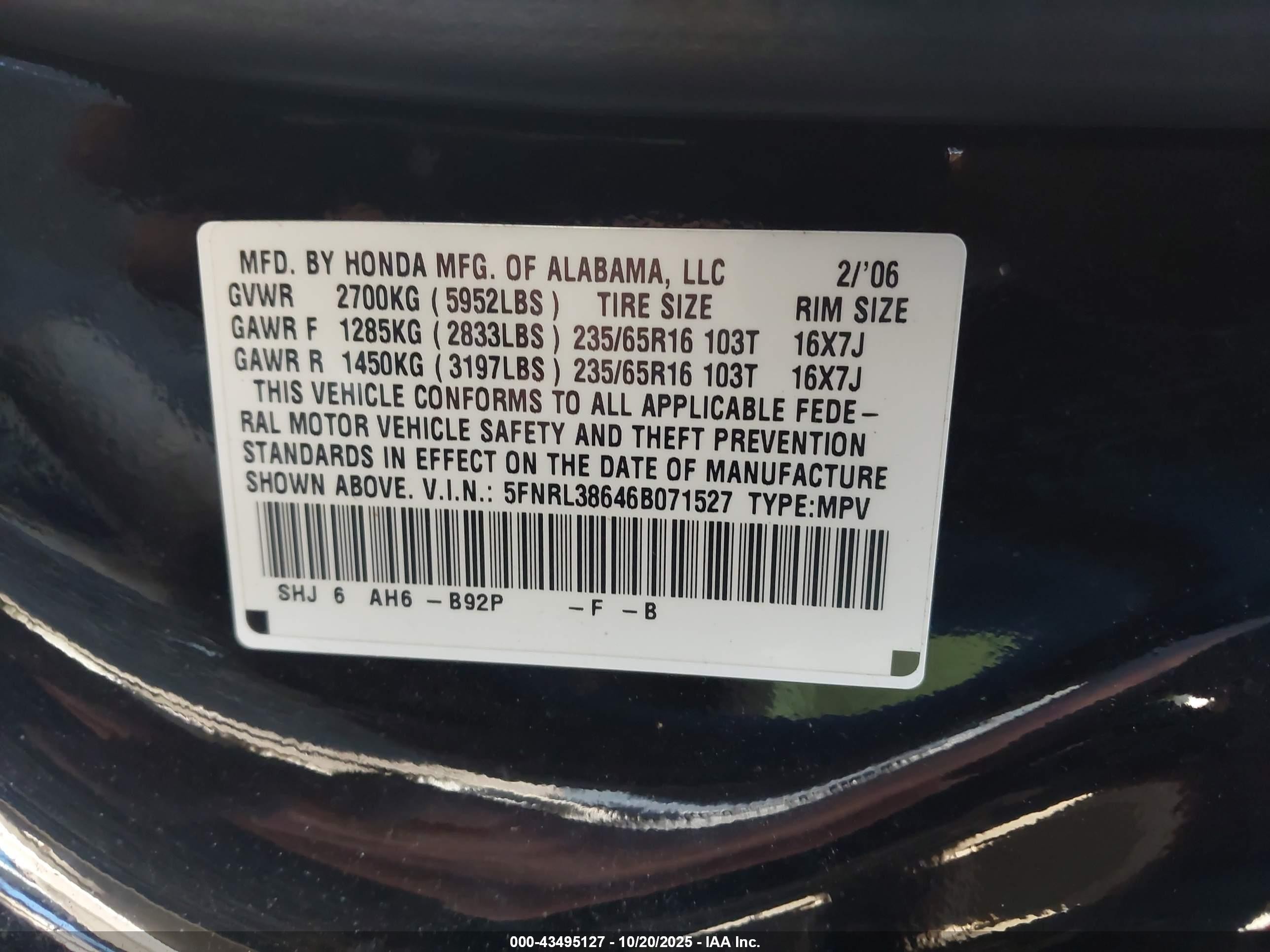 2006 Honda Odyssey Ex-l Черный vin: 5FNRL38646B071527