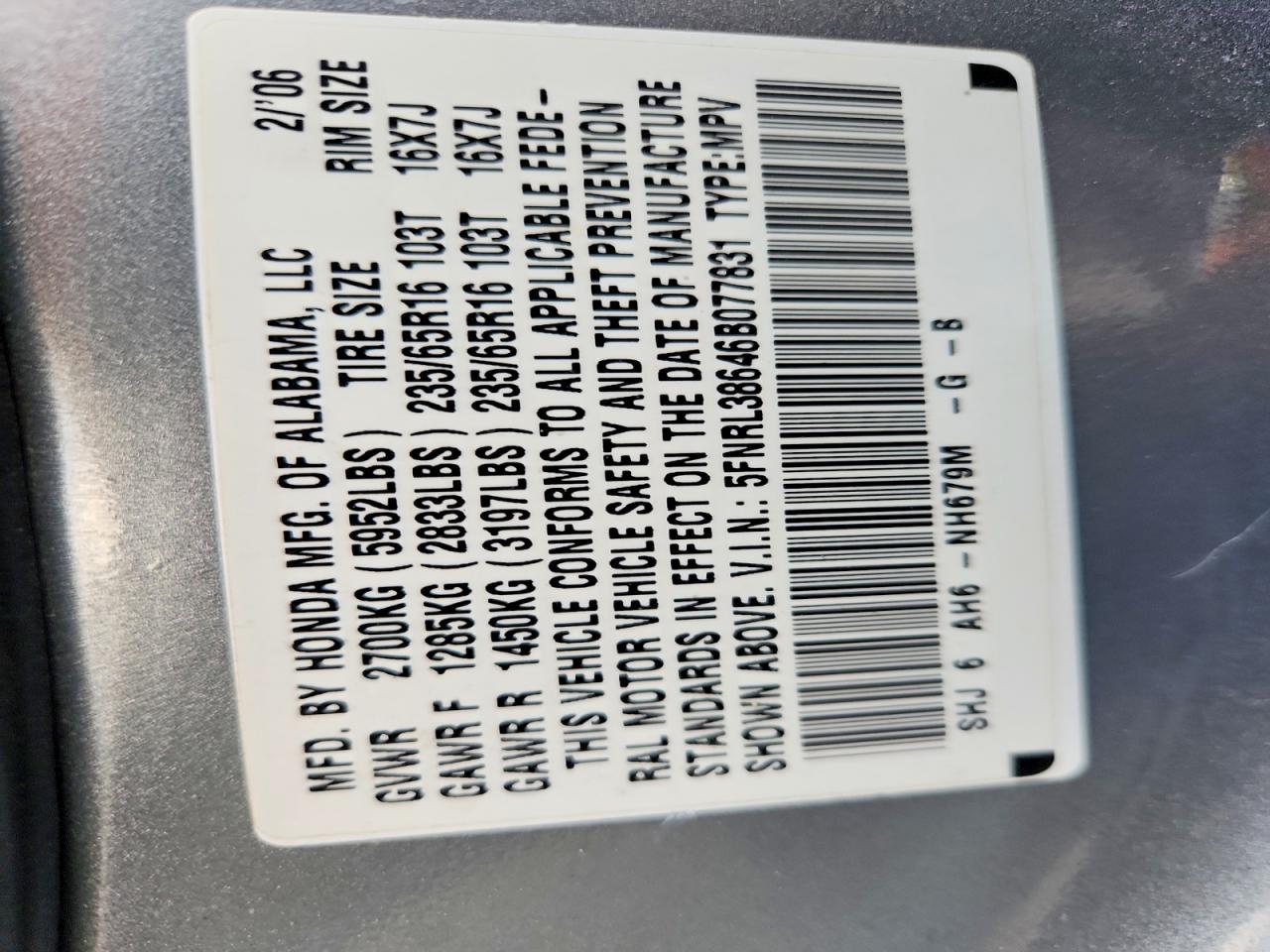 2006 Honda Odyssey Exl Teal vin: 5FNRL38646B077831