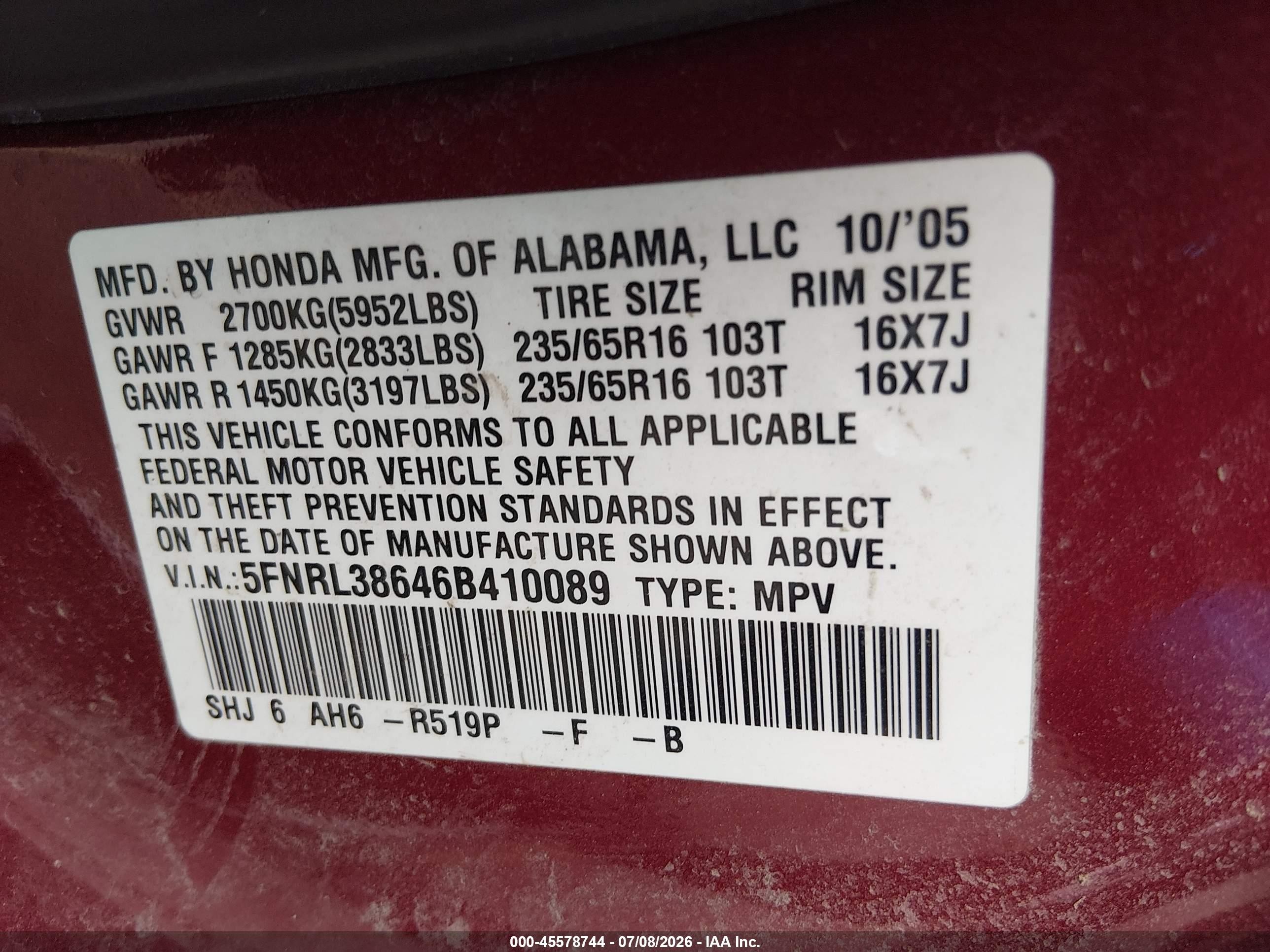 2006 Honda Odyssey Ex-l Red vin: 5FNRL38646B410089