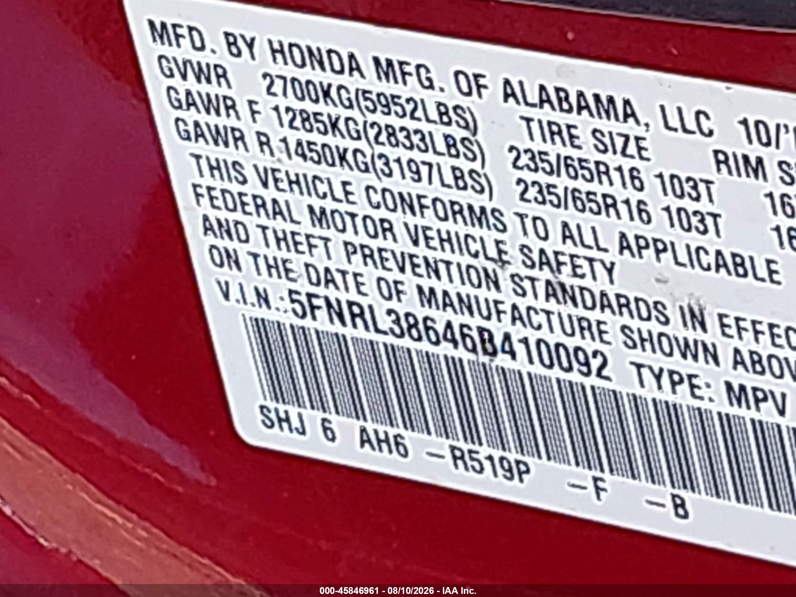 2006 Honda Odyssey Ex-l Red vin: 5FNRL38646B410092