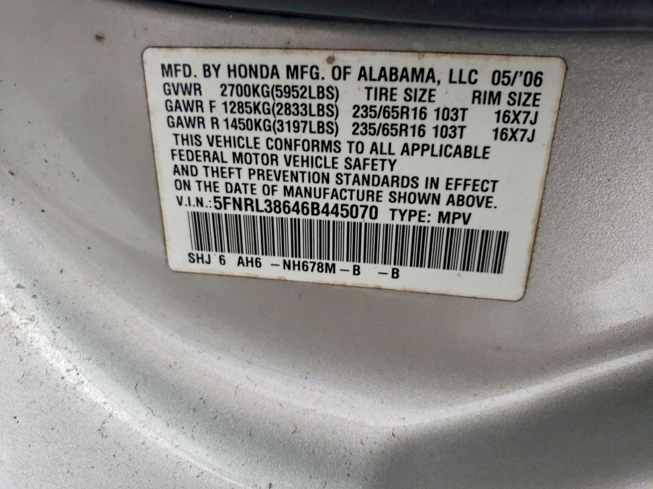 2006 Honda Odyssey Exl Gray vin: 5FNRL38646B445070