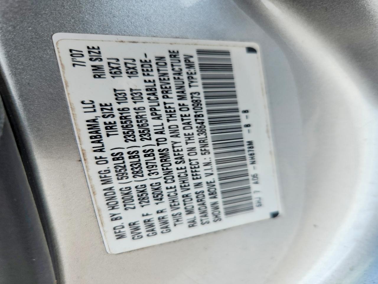 2007 Honda Odyssey Exl Silver vin: 5FNRL38647B109873