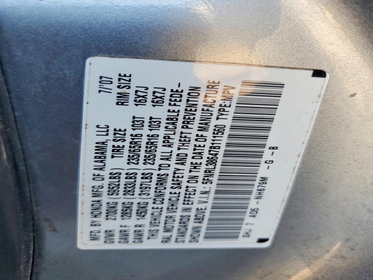 2007 Honda Odyssey Exl Silver vin: 5FNRL38647B111560