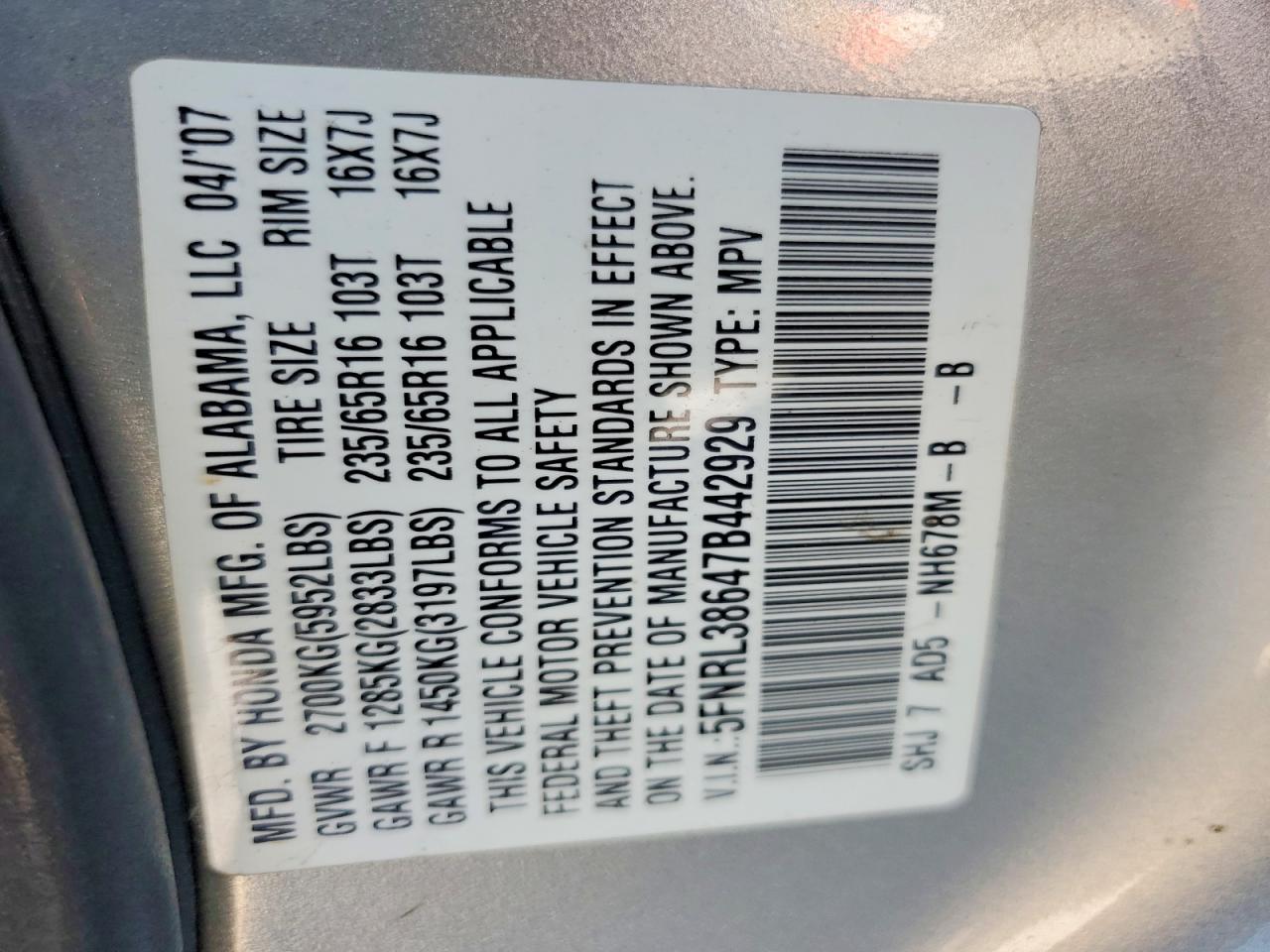 2007 Honda Odyssey Exl Silver vin: 5FNRL38647B442929