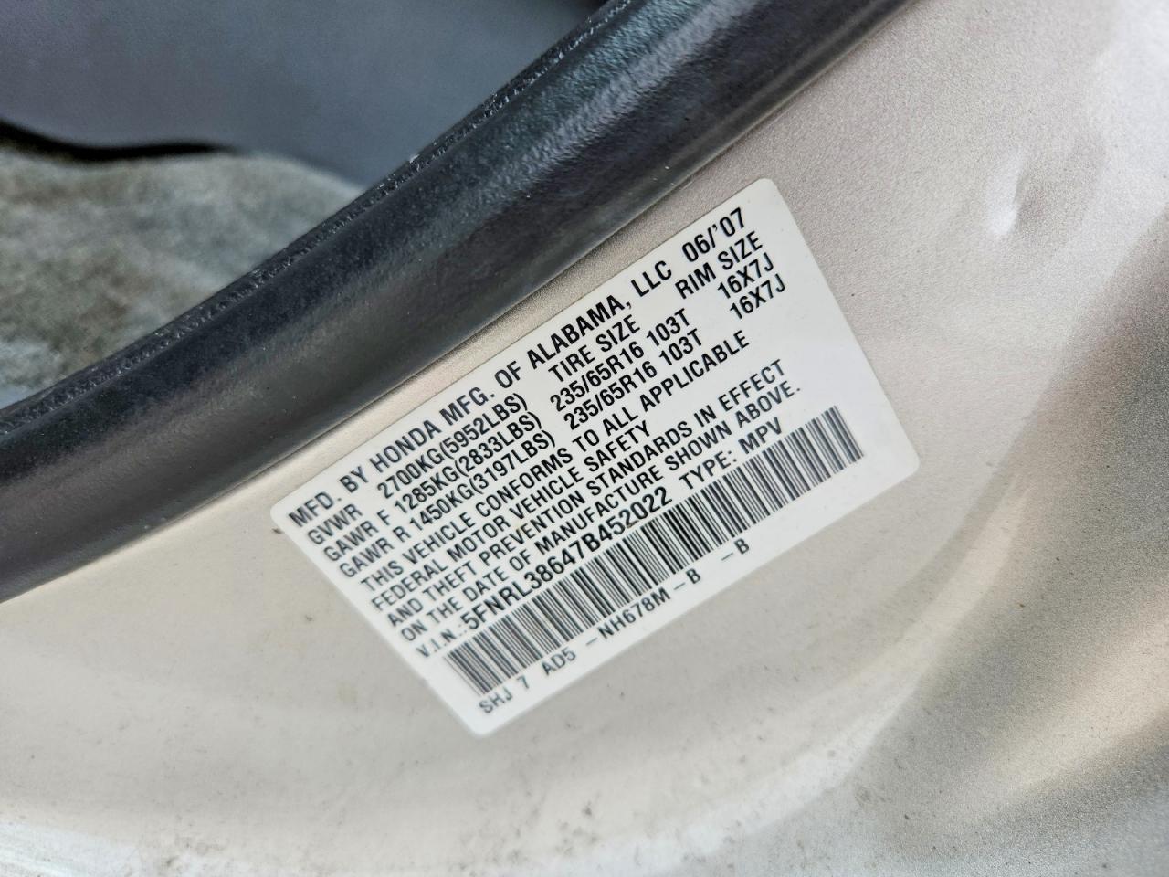 2007 Honda Odyssey Exl Silver vin: 5FNRL38647B452022