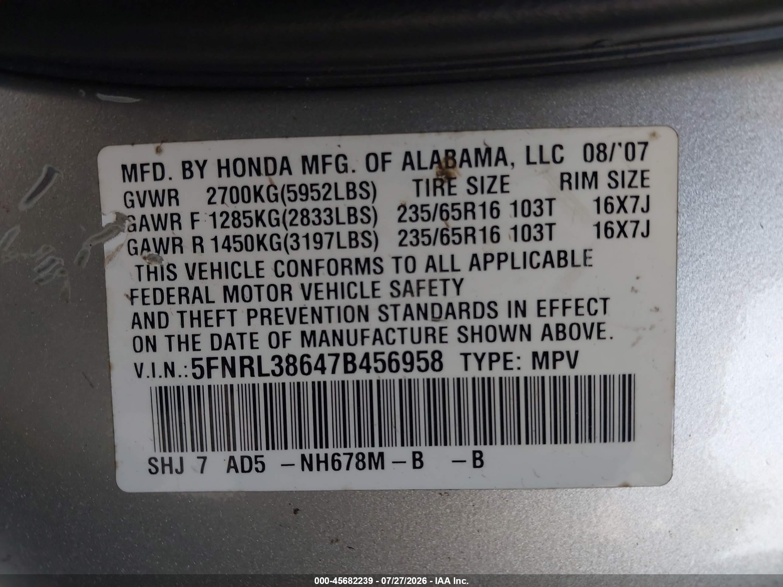 2007 Honda Odyssey Ex-l Silver vin: 5FNRL38647B456958