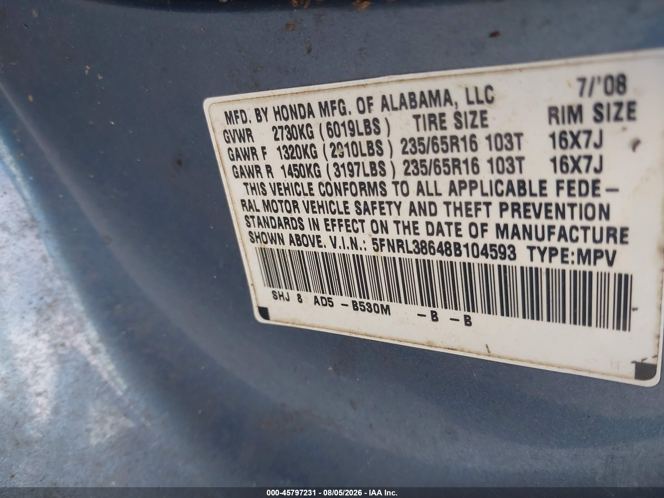 2008 Honda Odyssey Ex-l Light Blue vin: 5FNRL38648B104593