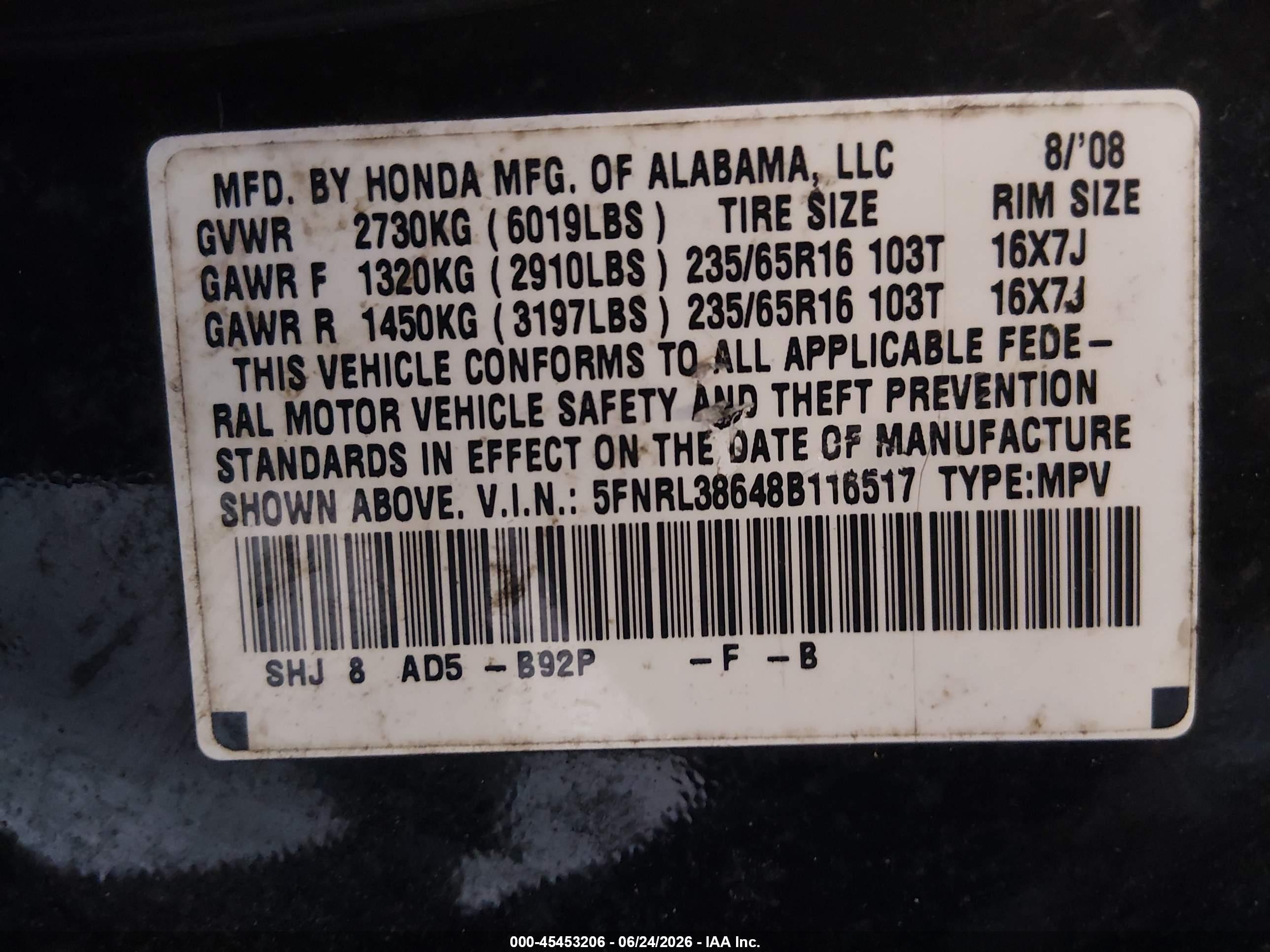 2008 Honda Odyssey Ex-l Black vin: 5FNRL38648B116517