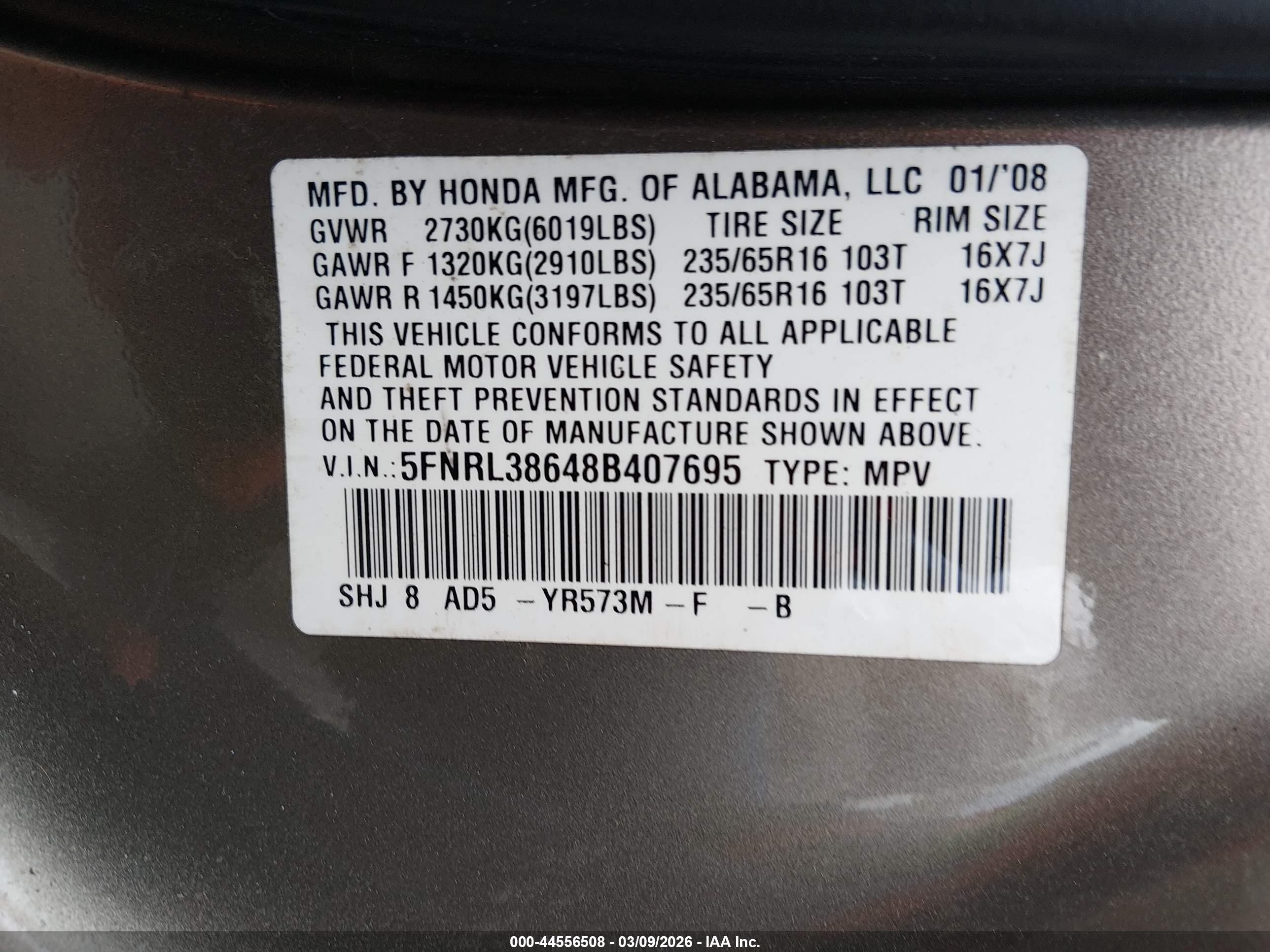 2008 Honda Odyssey Ex-l Gold vin: 5FNRL38648B407695