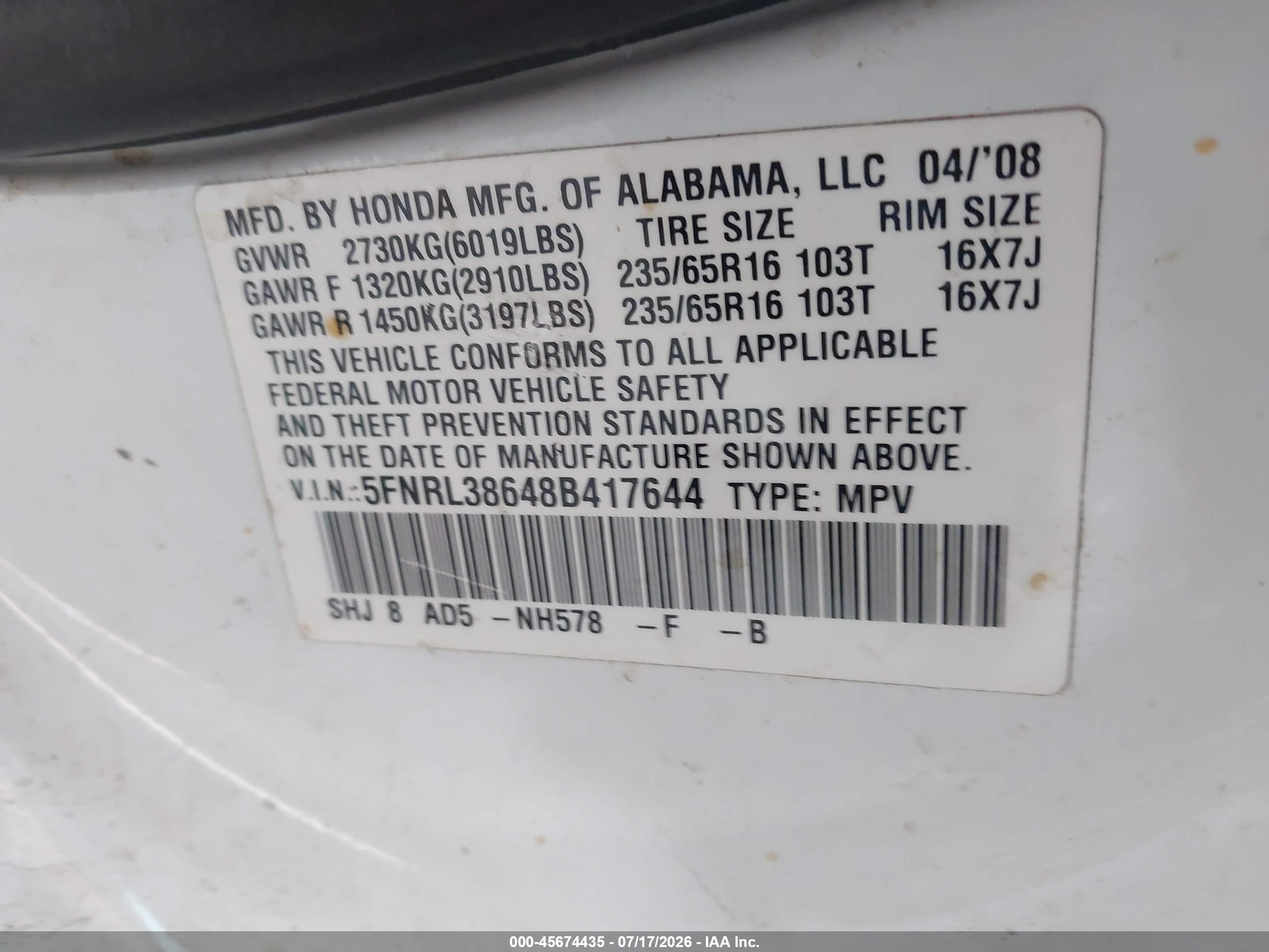 2008 Honda Odyssey Ex-l White vin: 5FNRL38648B417644