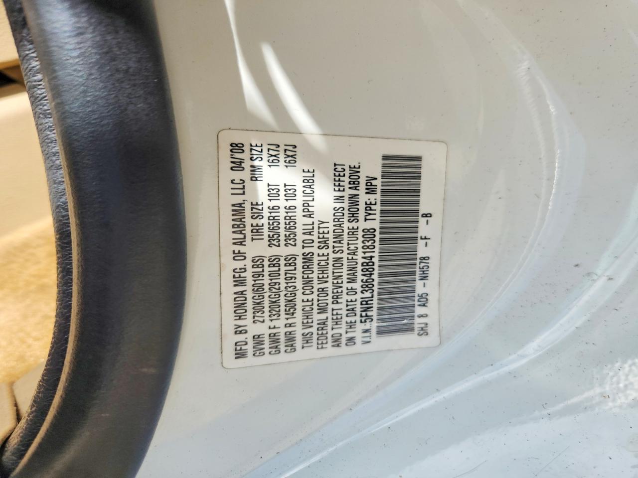 2008 Honda Odyssey Exl White vin: 5FNRL38648B418308