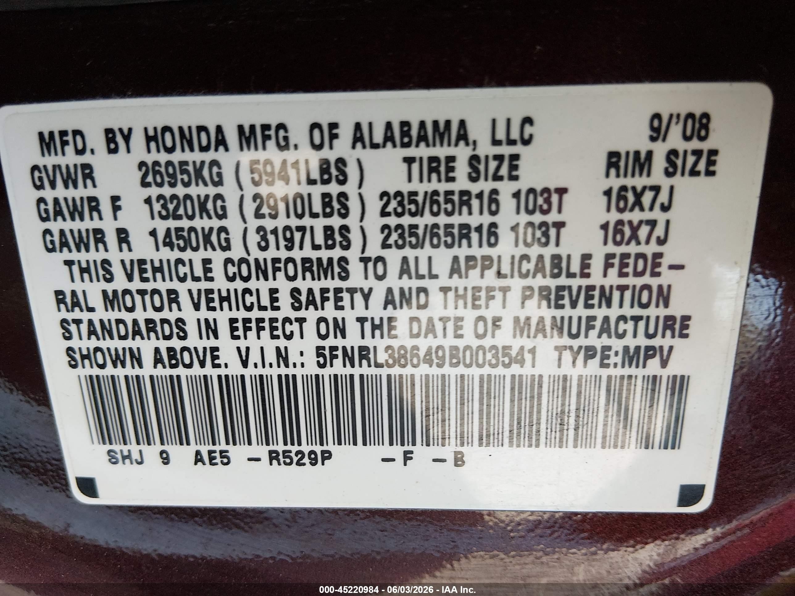 2009 Honda Odyssey Ex-l Maroon vin: 5FNRL38649B003541