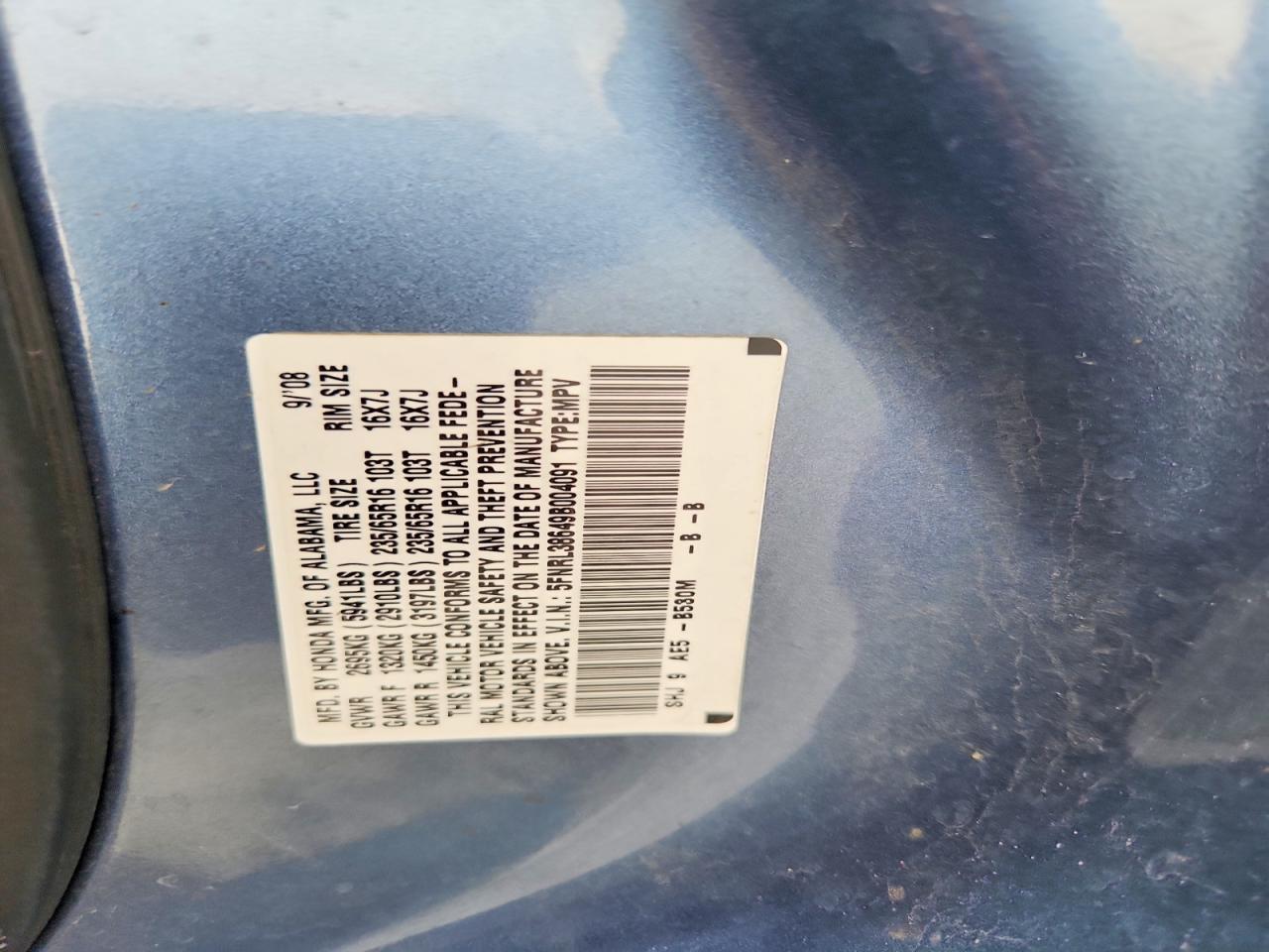 2009 Honda Odyssey Exl Blue vin: 5FNRL38649B004091
