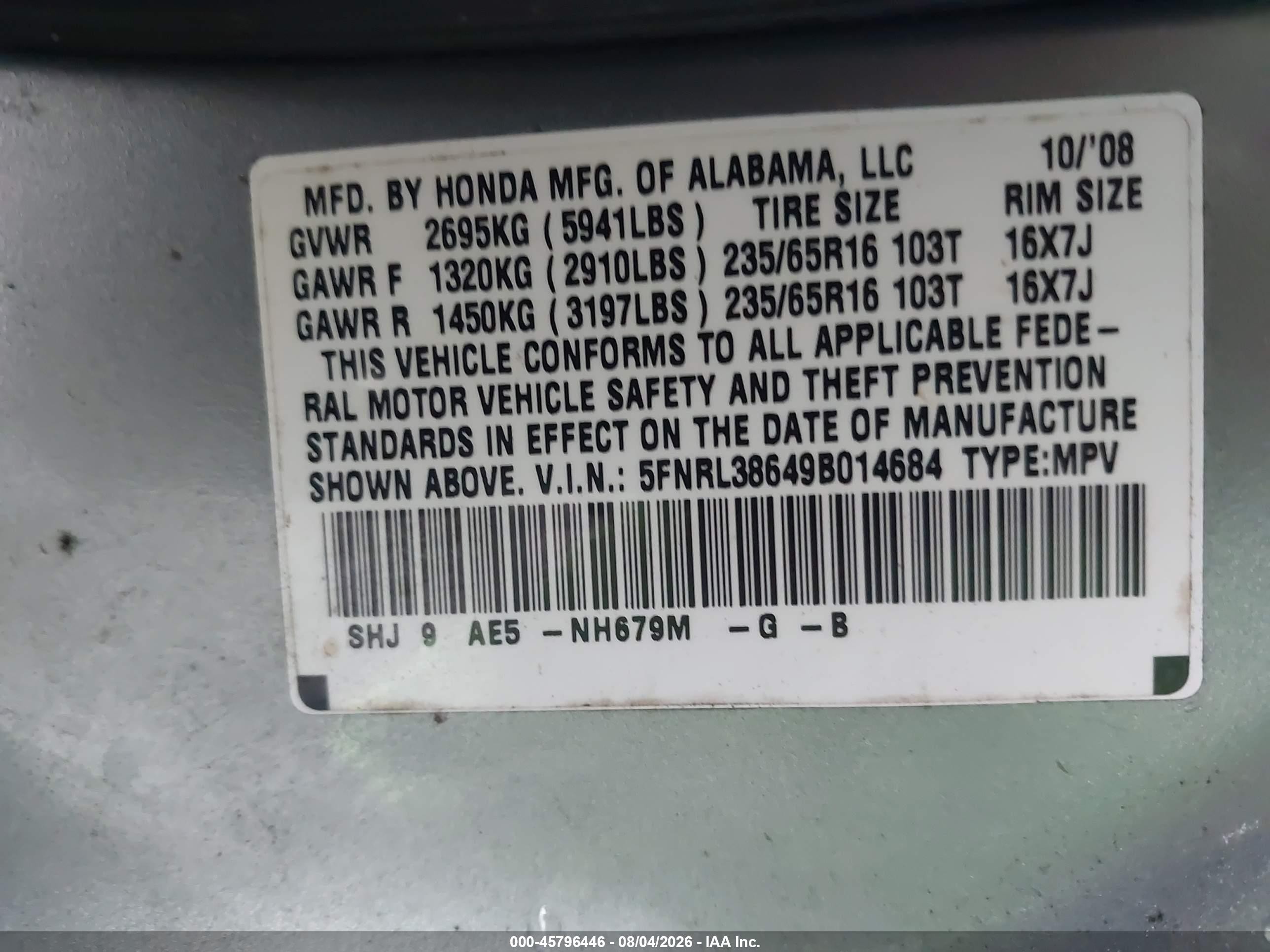 2009 Honda Odyssey Ex-l Gray vin: 5FNRL38649B014684
