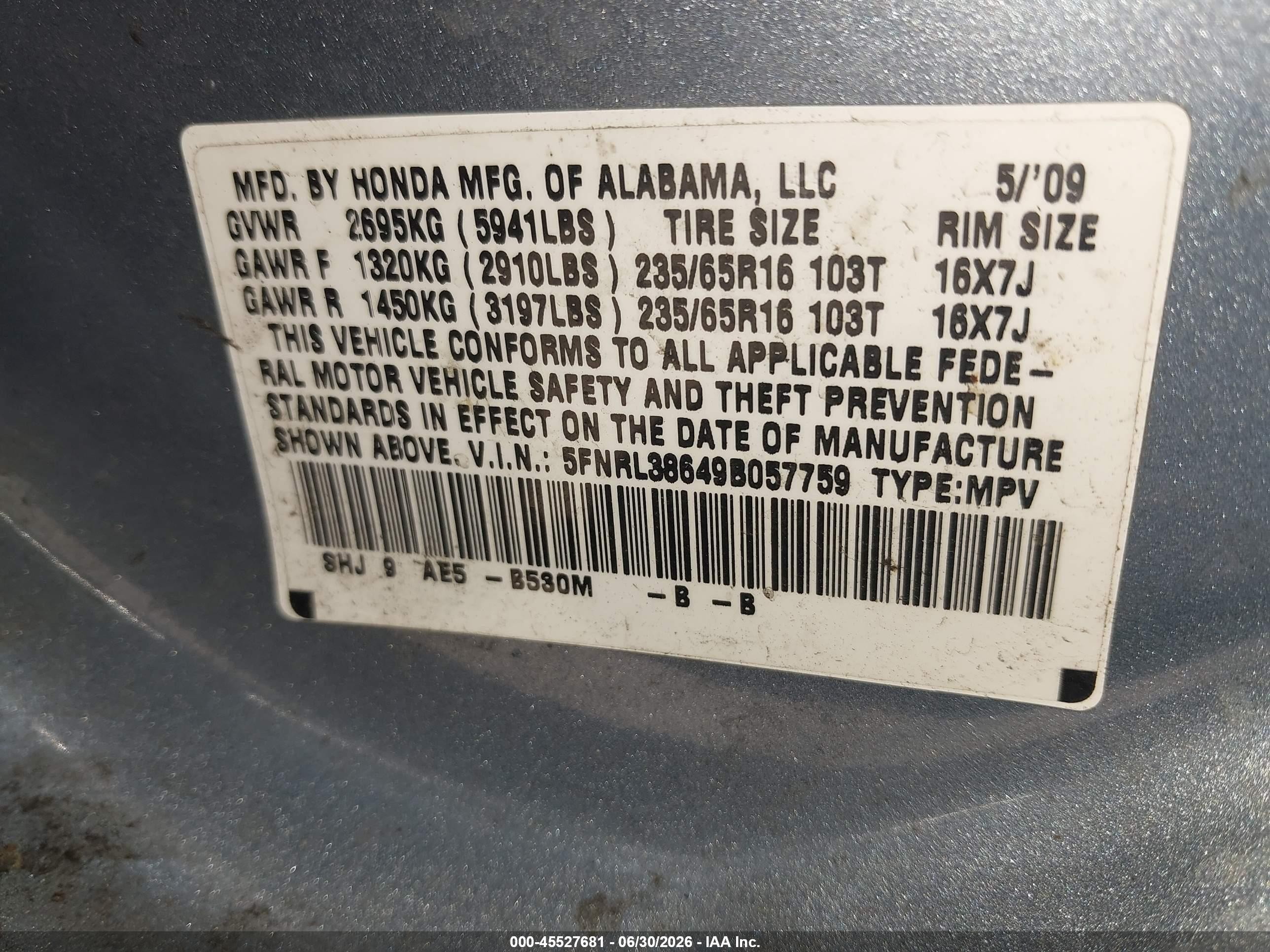 2009 Honda Odyssey Ex-l Light Blue vin: 5FNRL38649B057759