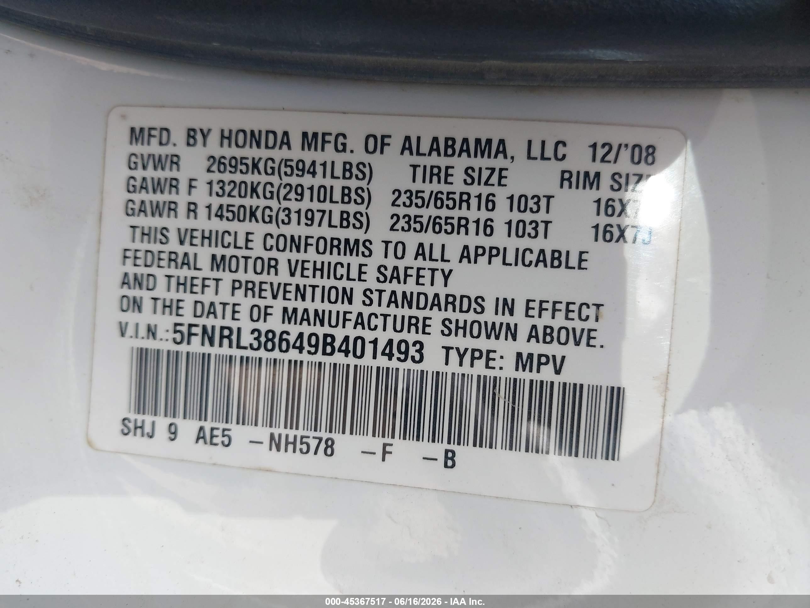 2009 Honda Odyssey Ex-l White vin: 5FNRL38649B401493