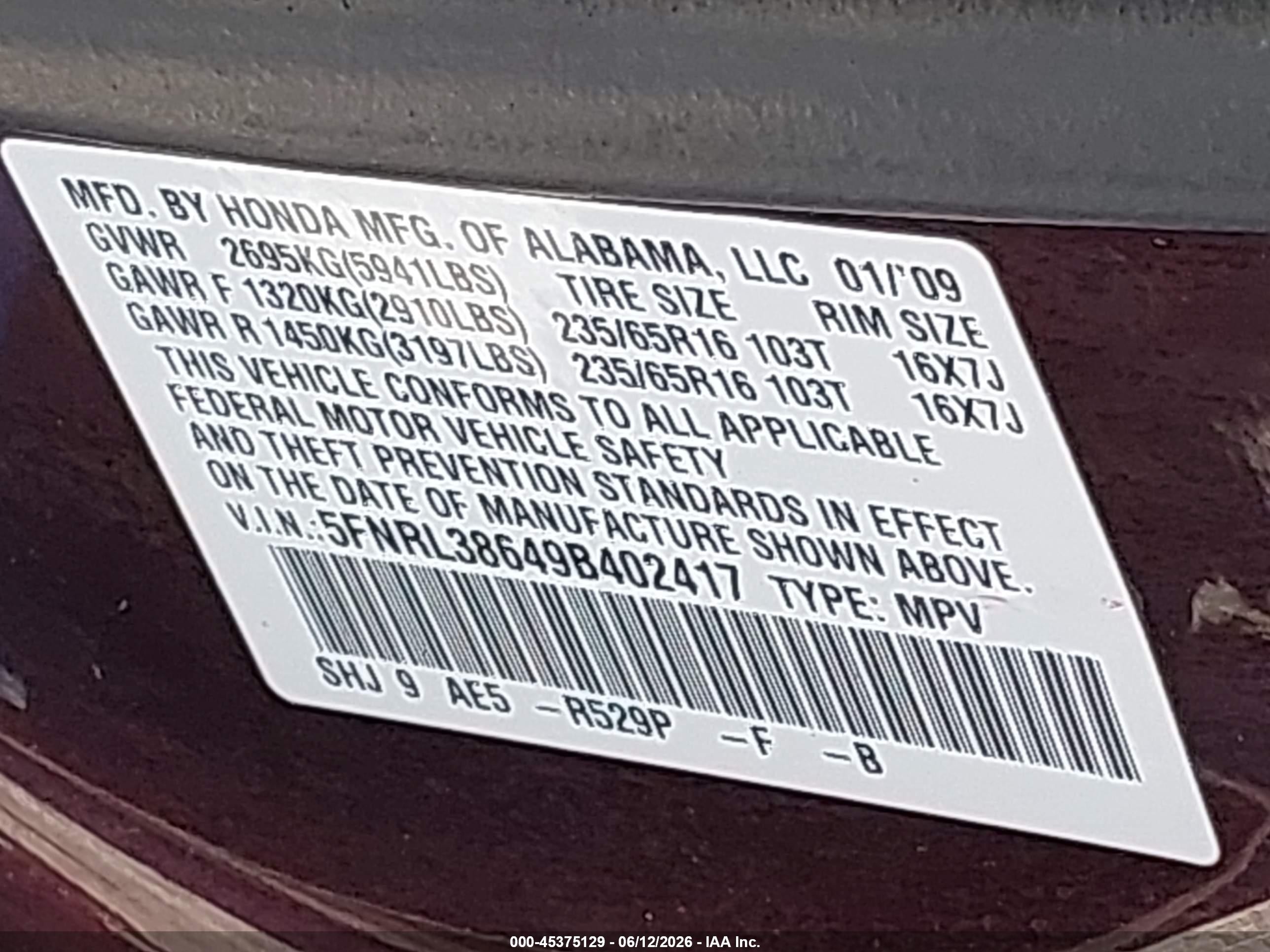 2009 Honda Odyssey Ex-l Burgundy vin: 5FNRL38649B402417