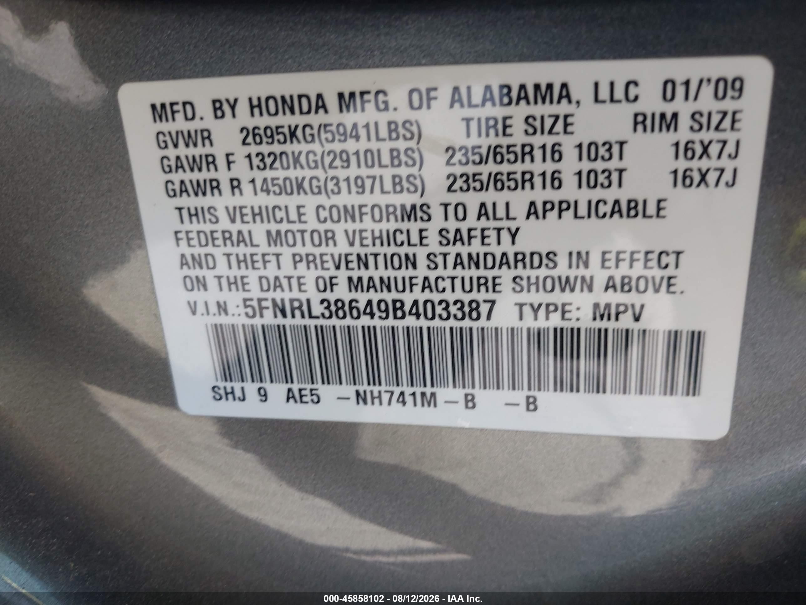 2009 Honda Odyssey Ex-l Gray vin: 5FNRL38649B403387