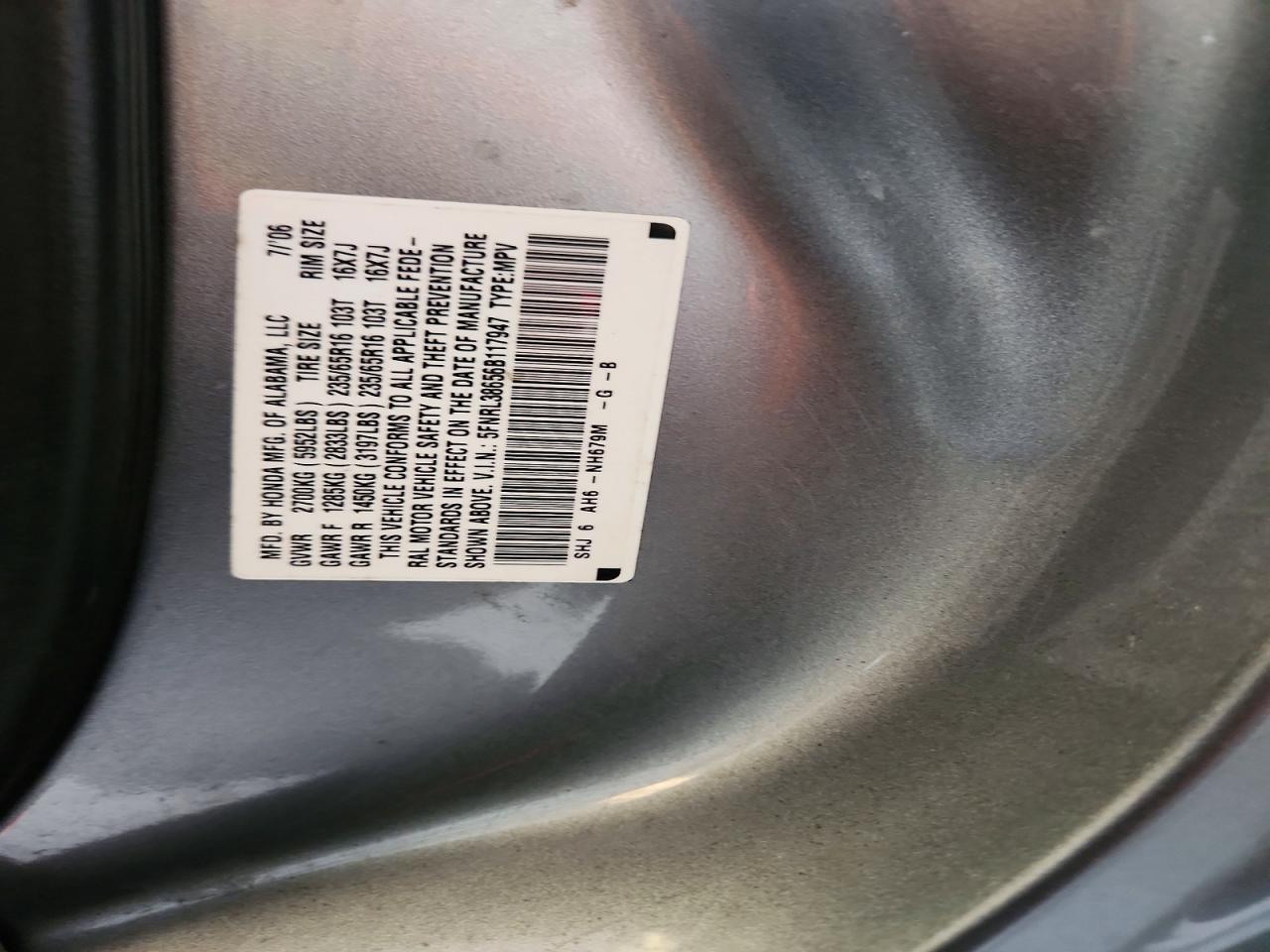 2006 Honda Odyssey Gray vin: 5FNRL38656B117947