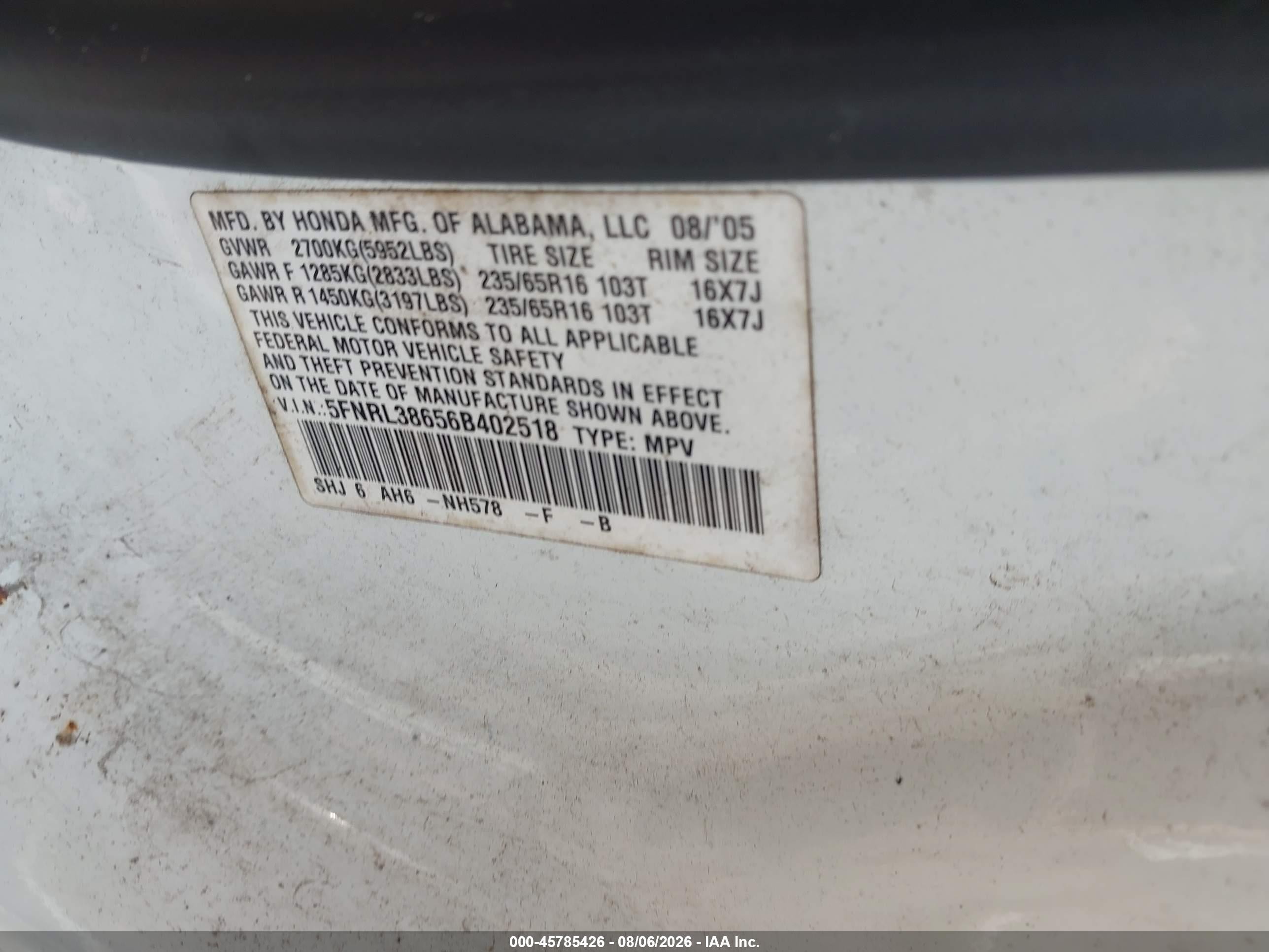 2006 Honda Odyssey Ex-l White vin: 5FNRL38656B402518