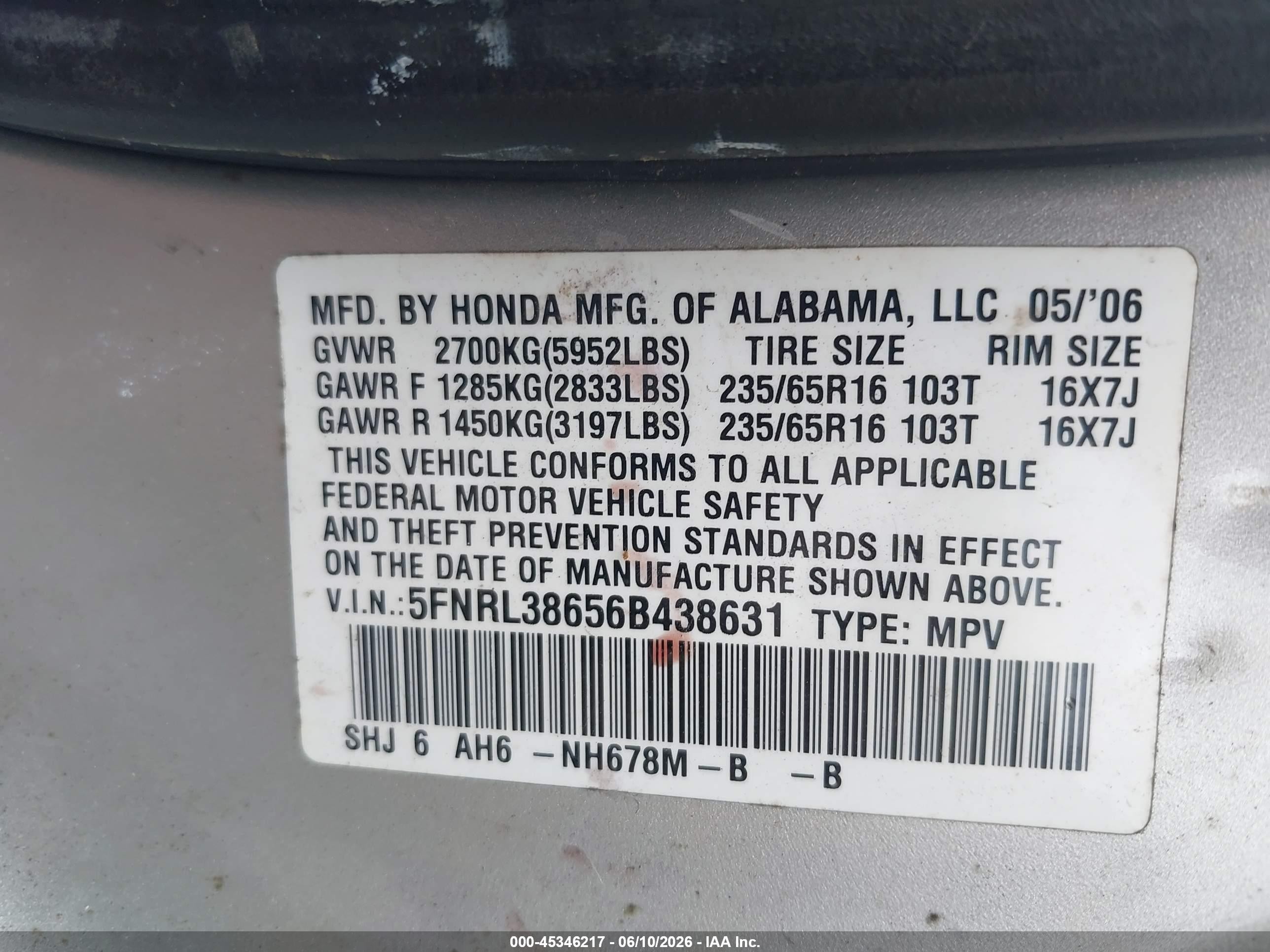 2006 Honda Odyssey Ex-l Gray vin: 5FNRL38656B438631