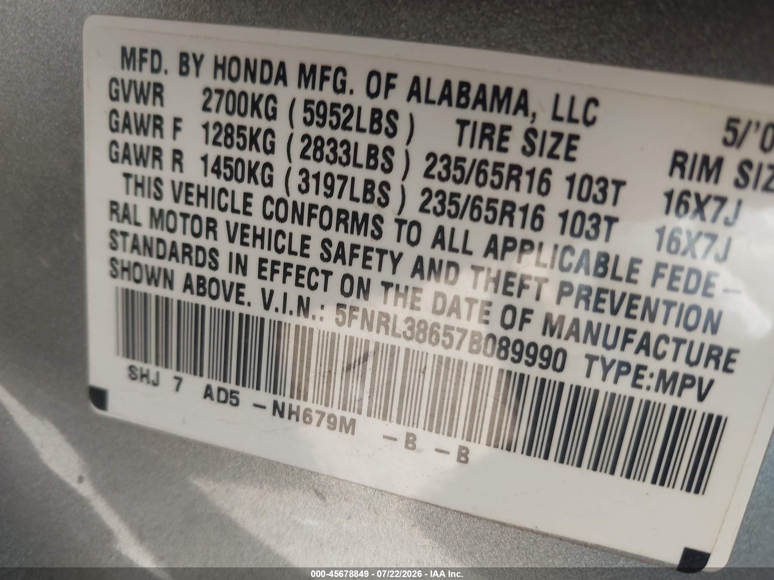 2007 Honda Odyssey Ex-l Gray vin: 5FNRL38657B089990