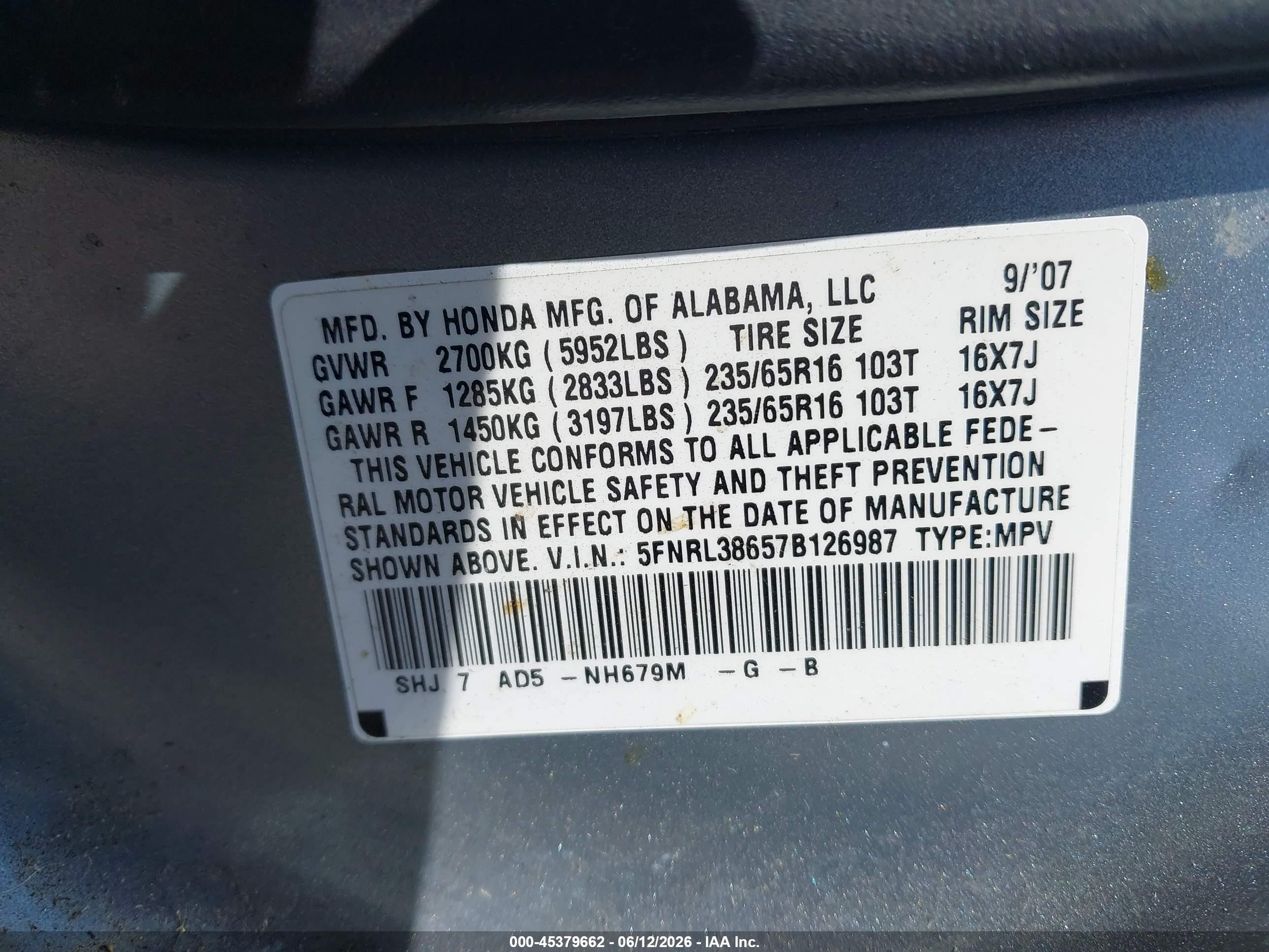 2007 Honda Odyssey Ex-l Серый vin: 5FNRL38657B126987