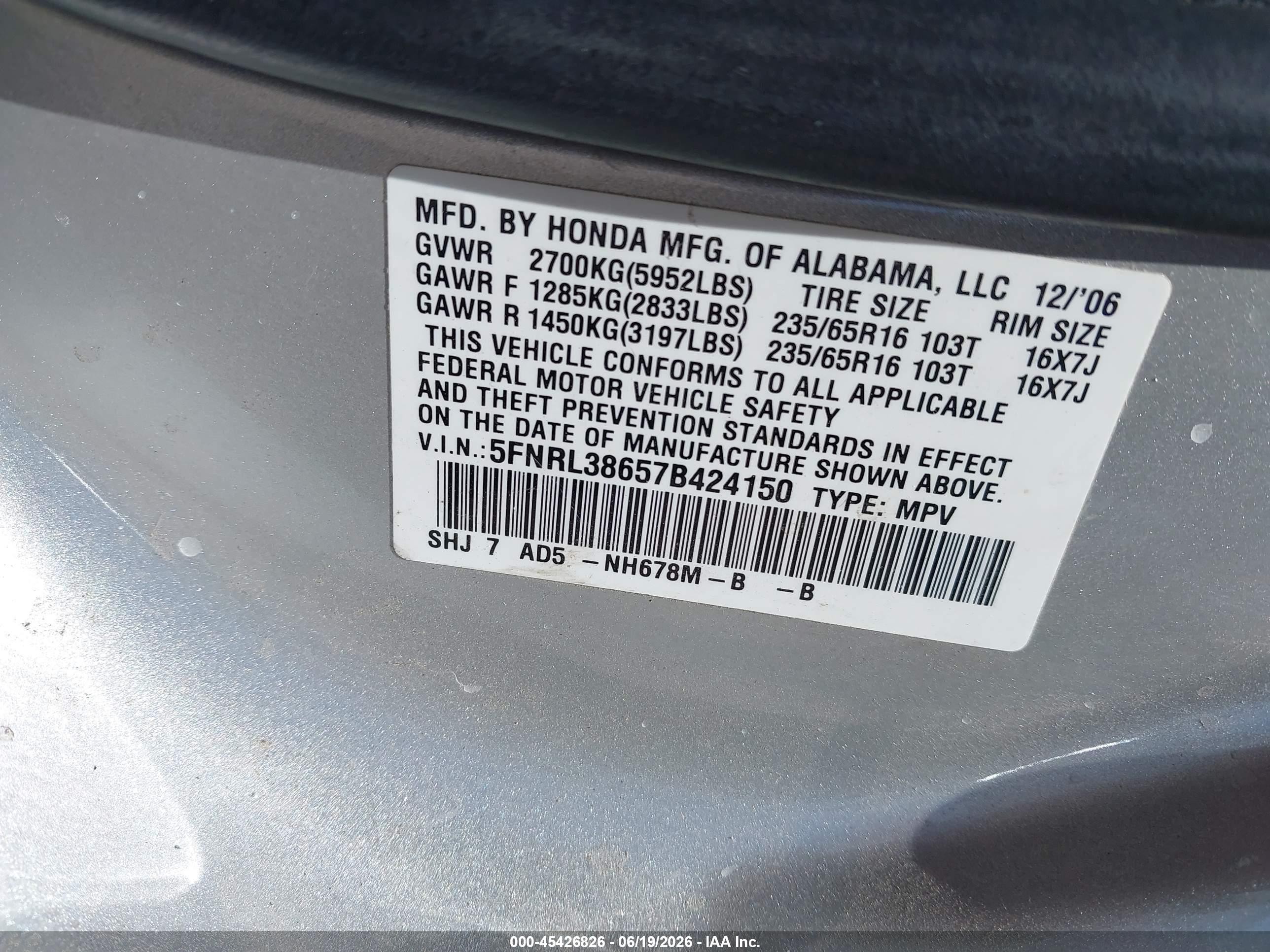 2007 Honda Odyssey Ex-l Silver vin: 5FNRL38657B424150