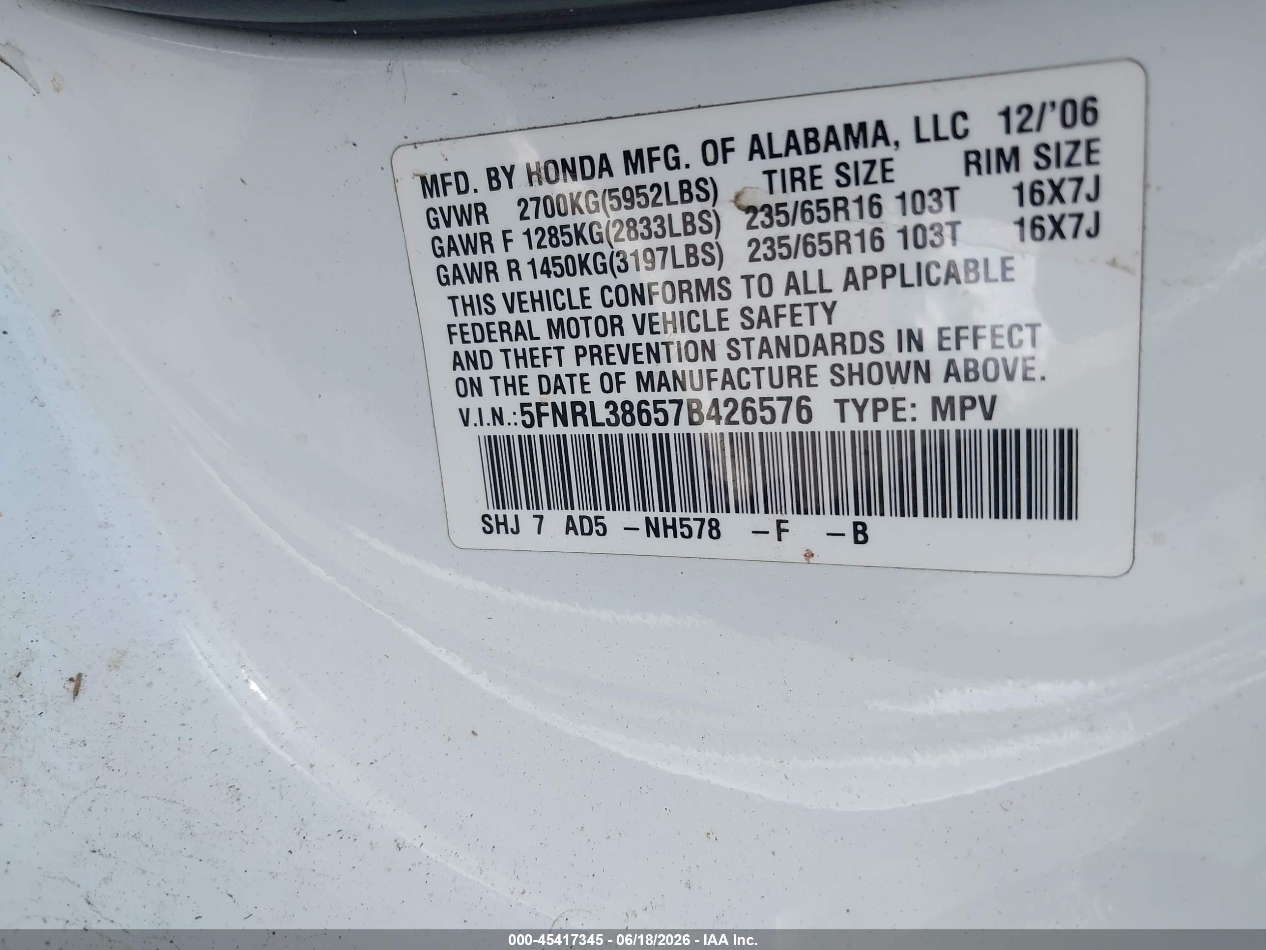 2007 Honda Odyssey Ex-l Белый vin: 5FNRL38657B426576