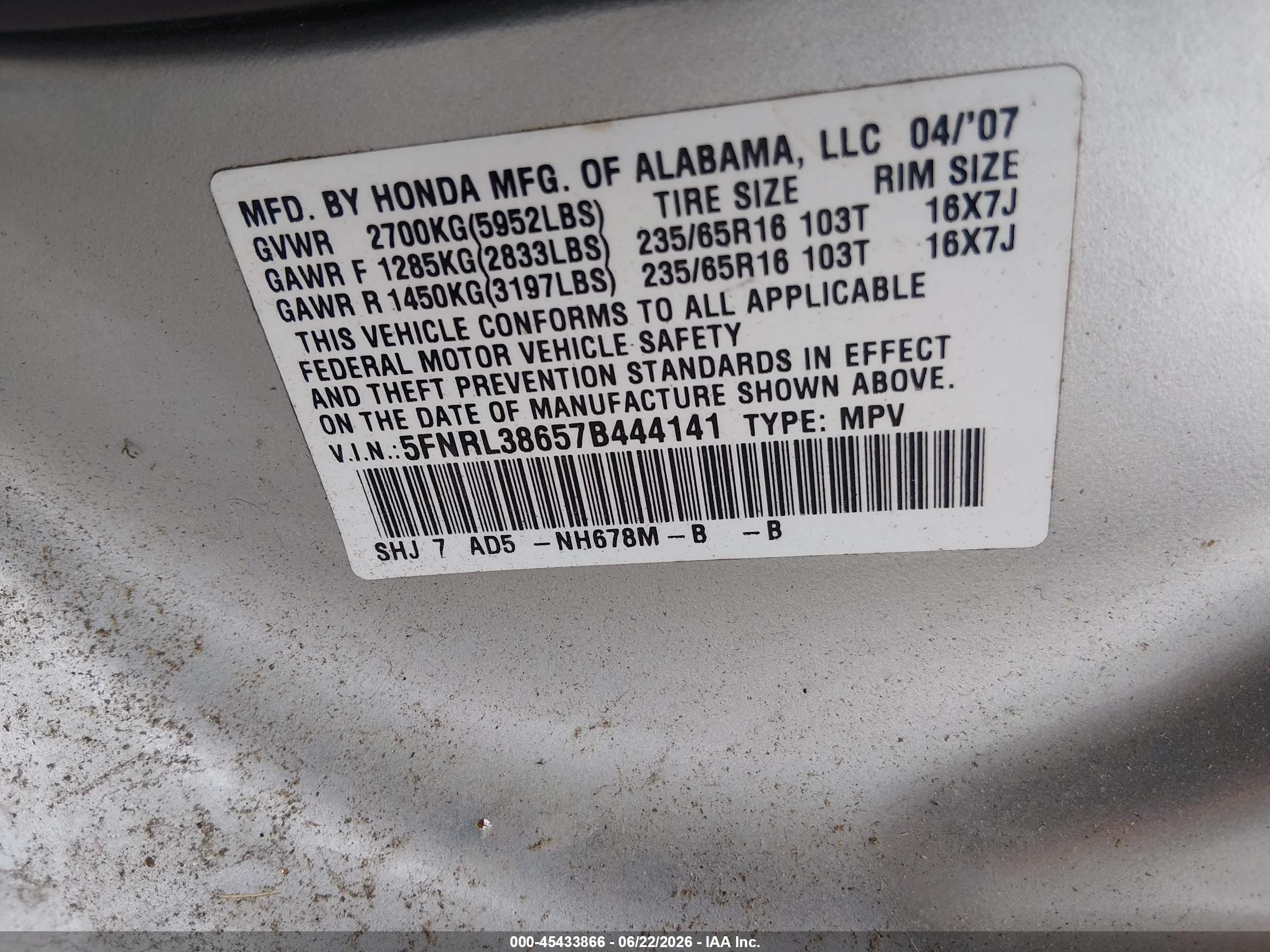 2007 Honda Odyssey Ex-l Silver vin: 5FNRL38657B444141