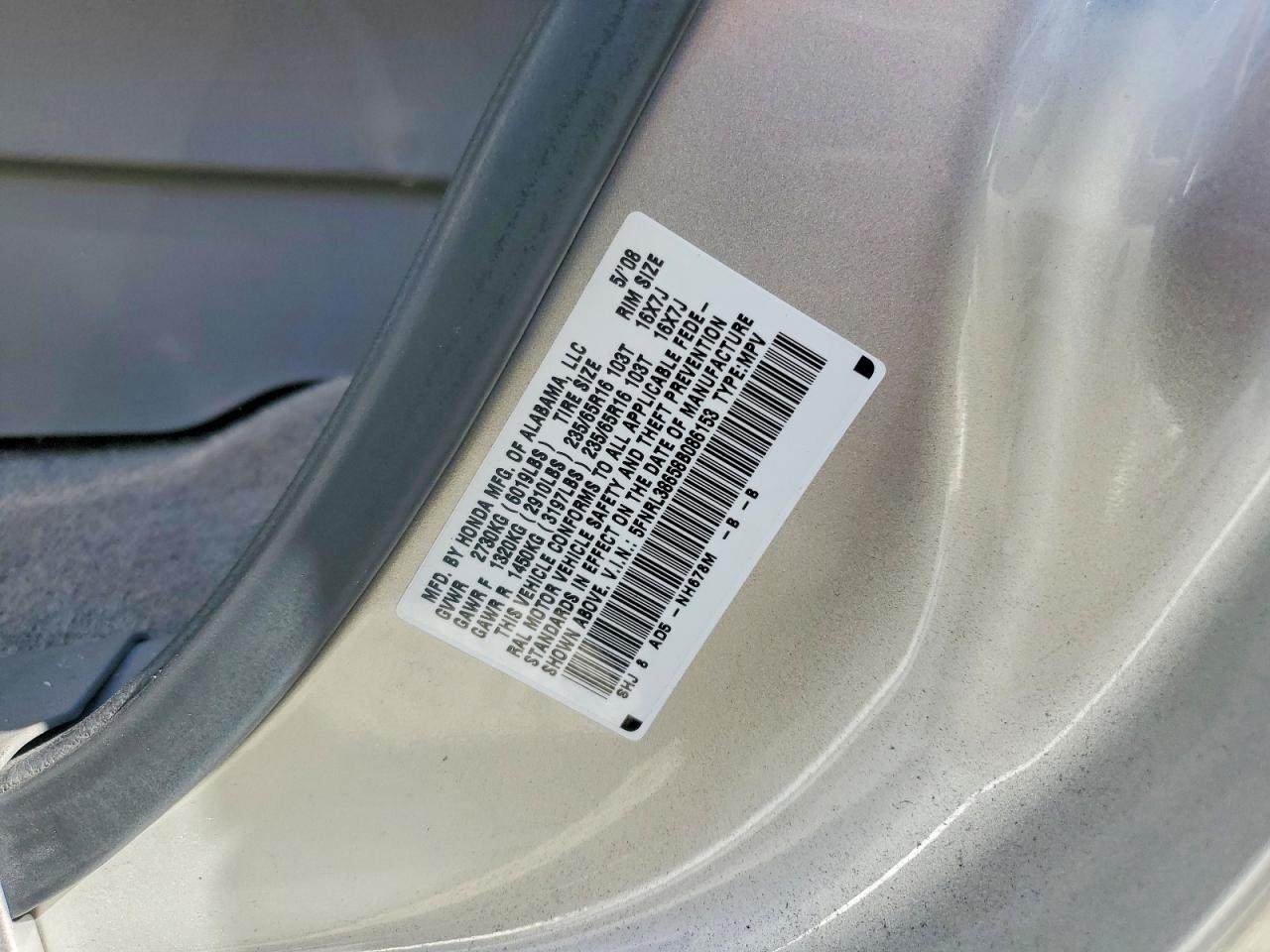 2008 Honda Odyssey Exl Silver vin: 5FNRL38658B086153