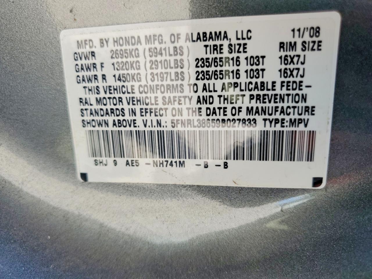 2009 Honda Odyssey Exl Black vin: 5FNRL38659B027833