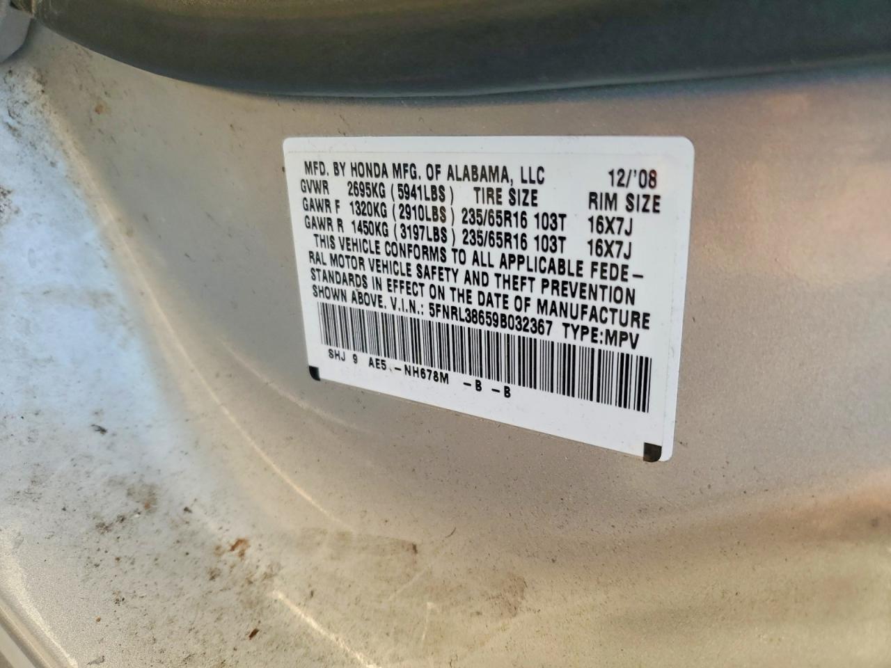 2009 Honda Odyssey Exl Silver vin: 5FNRL38659B032367