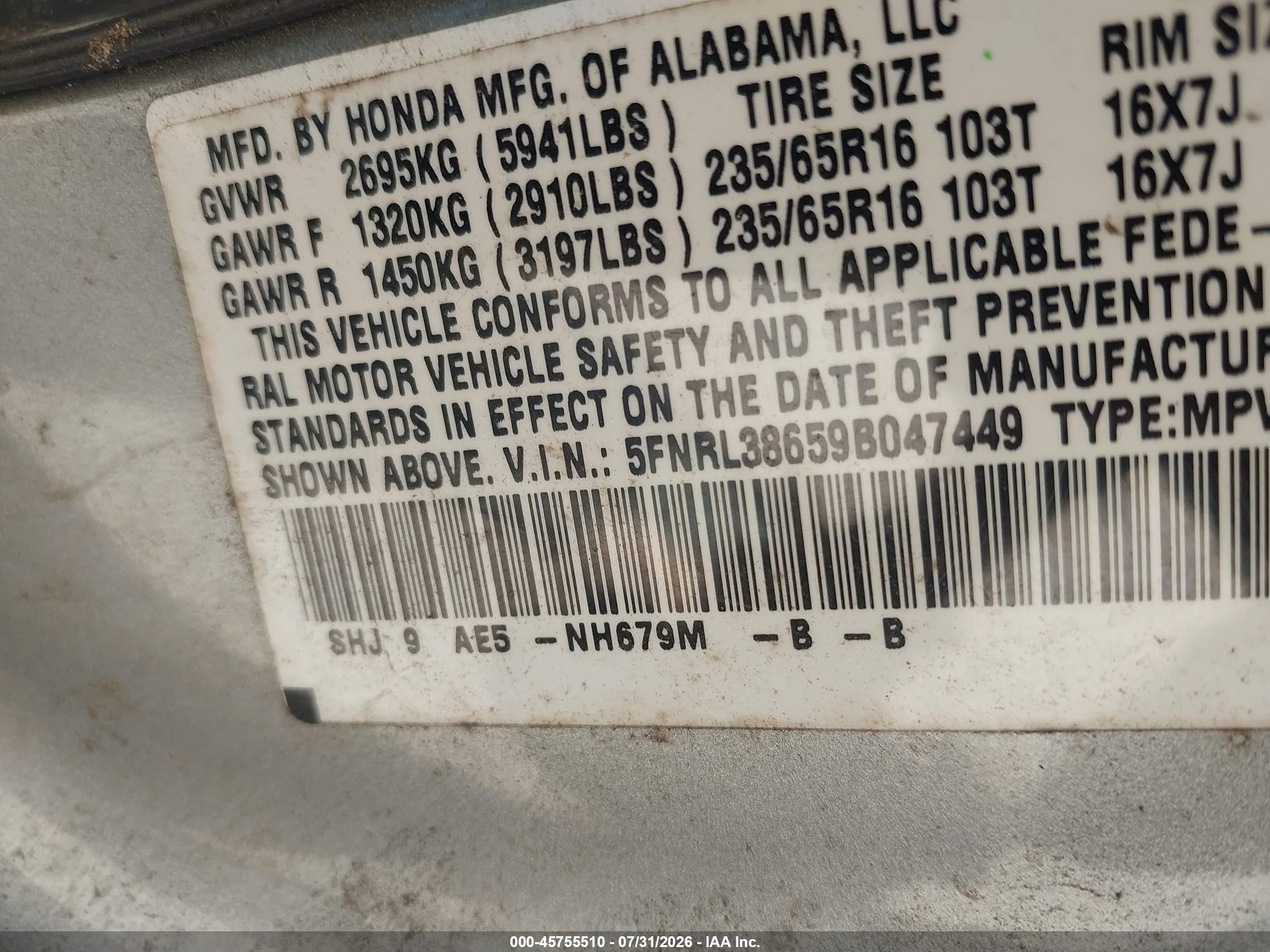 2009 Honda Odyssey Ex-l Light Blue vin: 5FNRL38659B047449