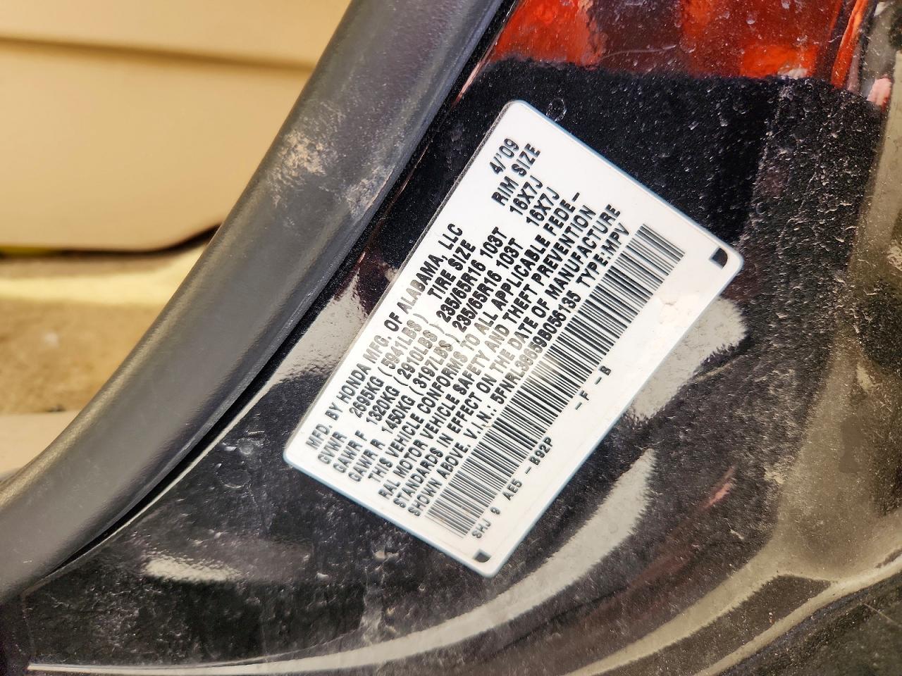 2009 Honda Odyssey Exl Black vin: 5FNRL38659B056135