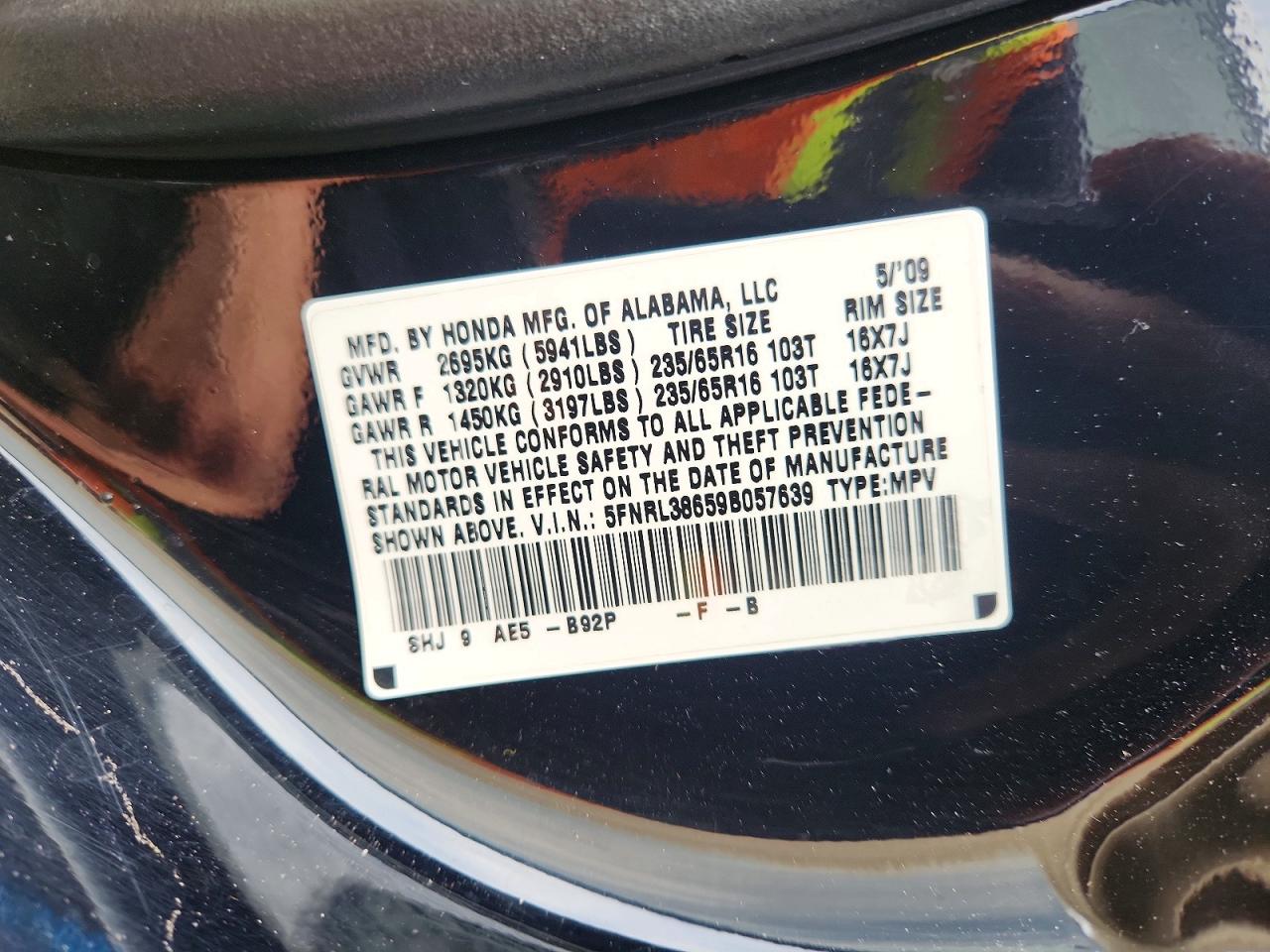 2009 Honda Odyssey Exl Black vin: 5FNRL38659B057639