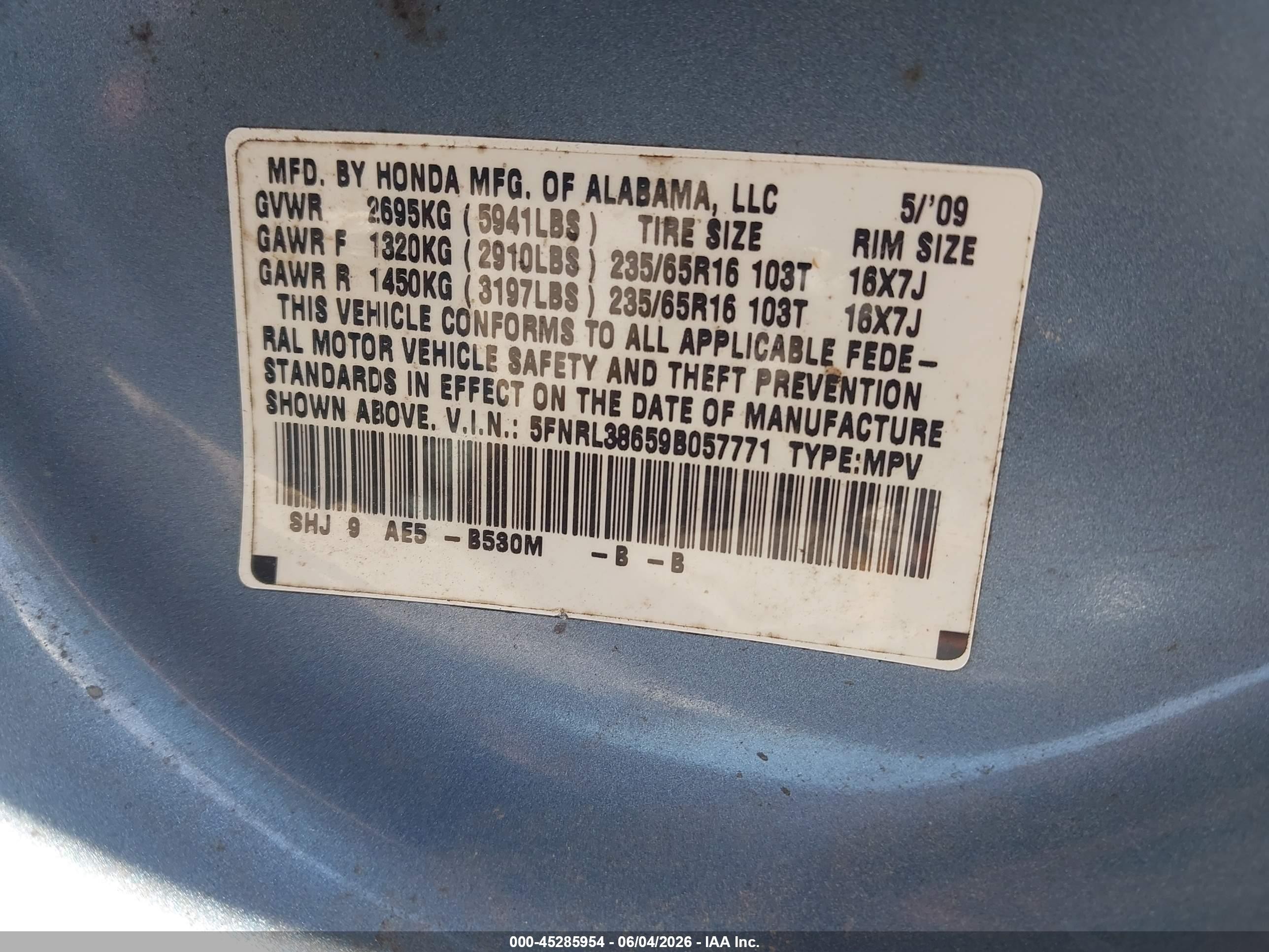 2009 Honda Odyssey Ex-l Light Blue vin: 5FNRL38659B057771