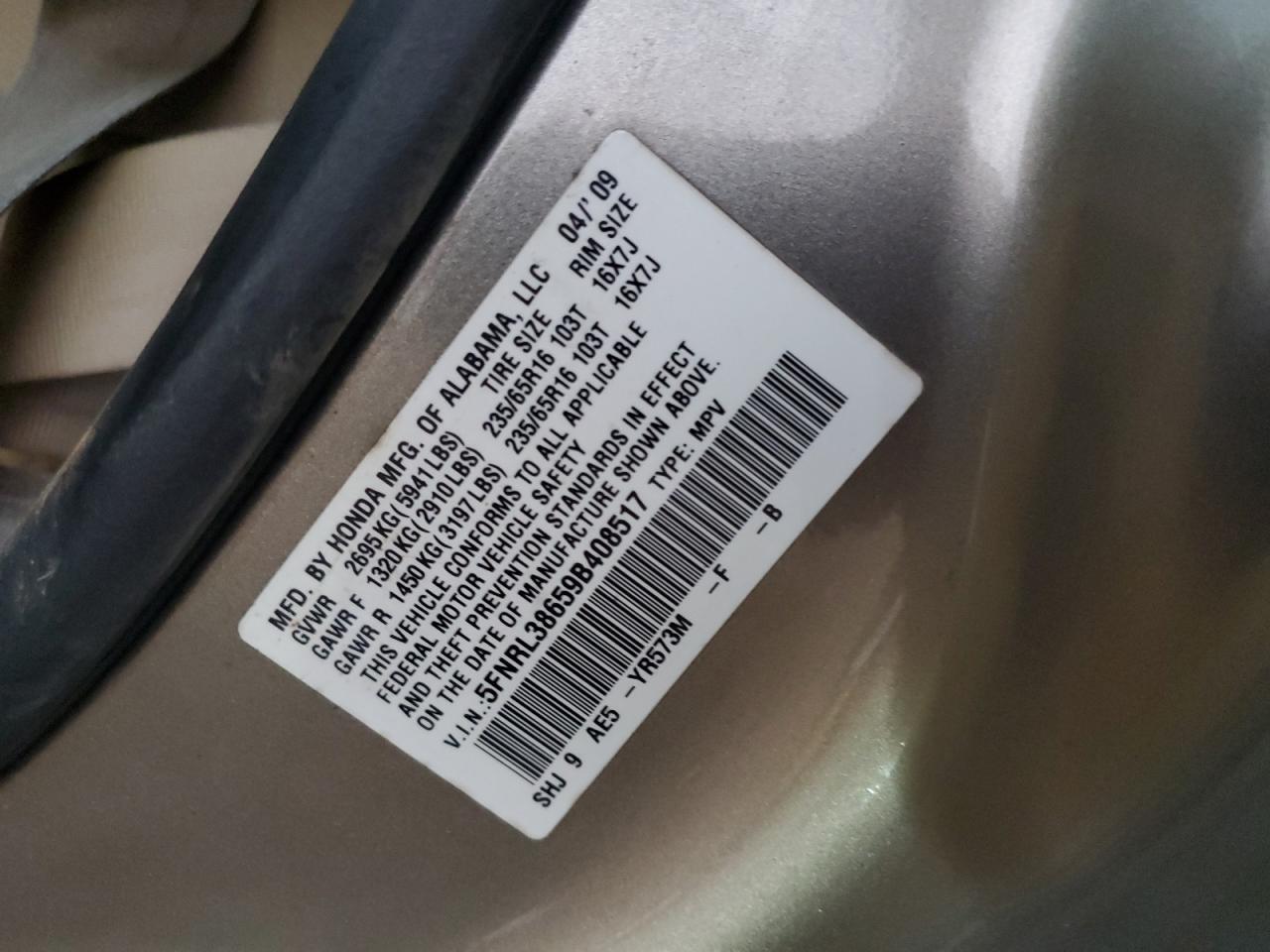 2009 Honda Odyssey Exl Gold vin: 5FNRL38659B408517