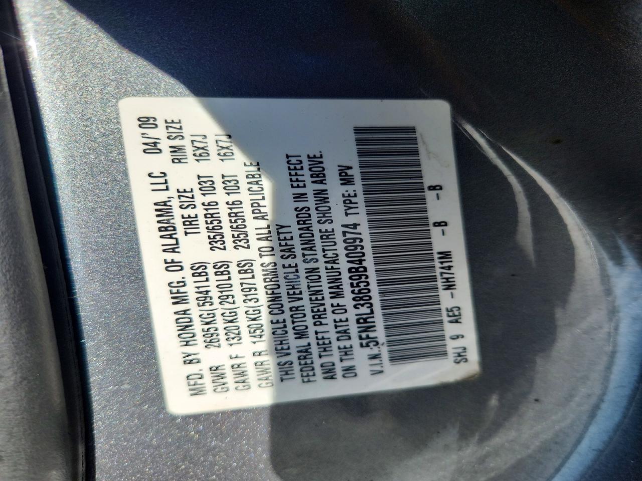 2009 Honda Odyssey Exl Silver vin: 5FNRL38659B409974