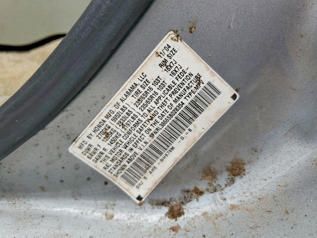 2005 Honda Odyssey Exl Charcoal vin: 5FNRL38665B028354