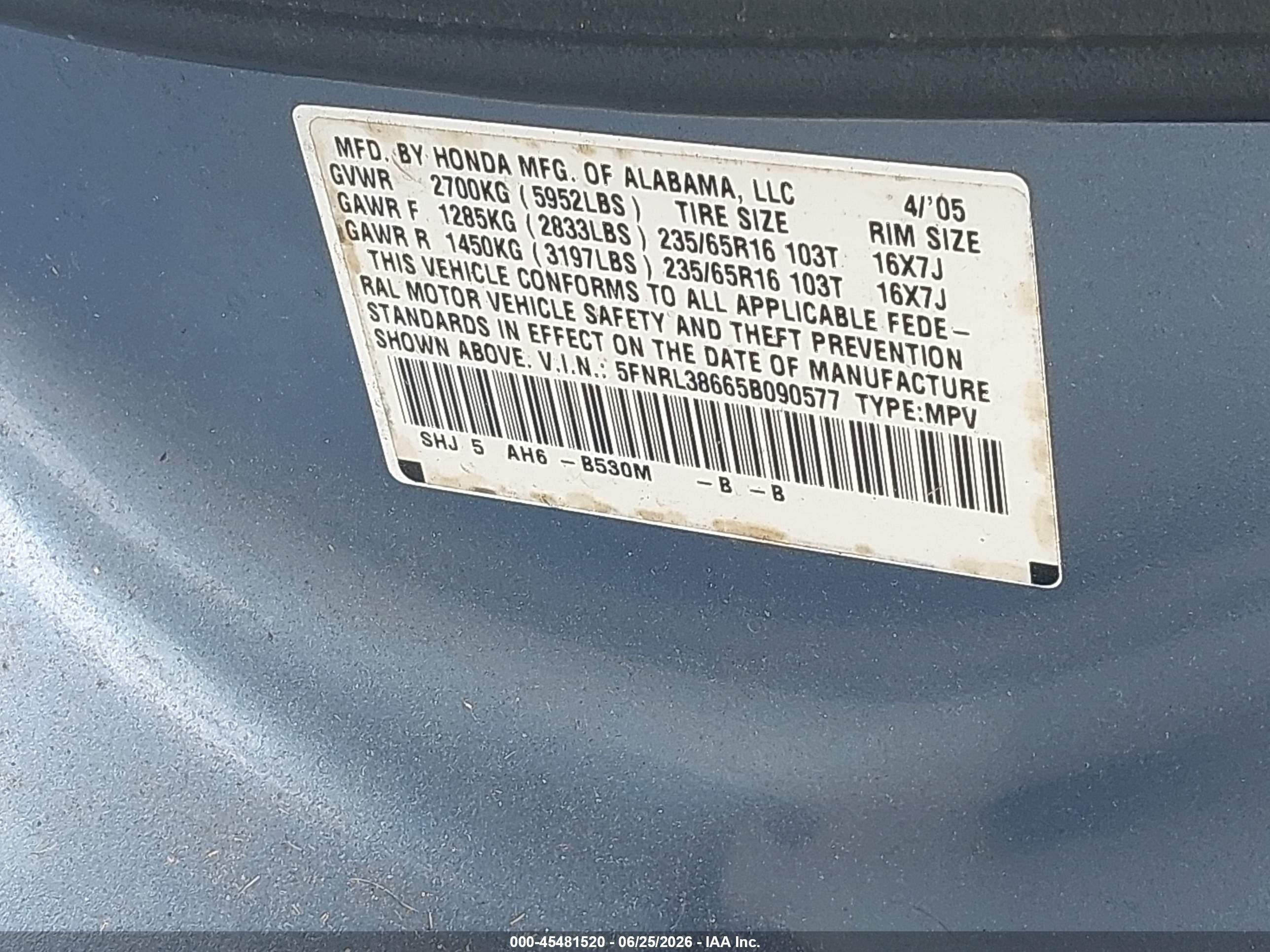 2005 Honda Odyssey Ex-l Light Blue vin: 5FNRL38665B090577