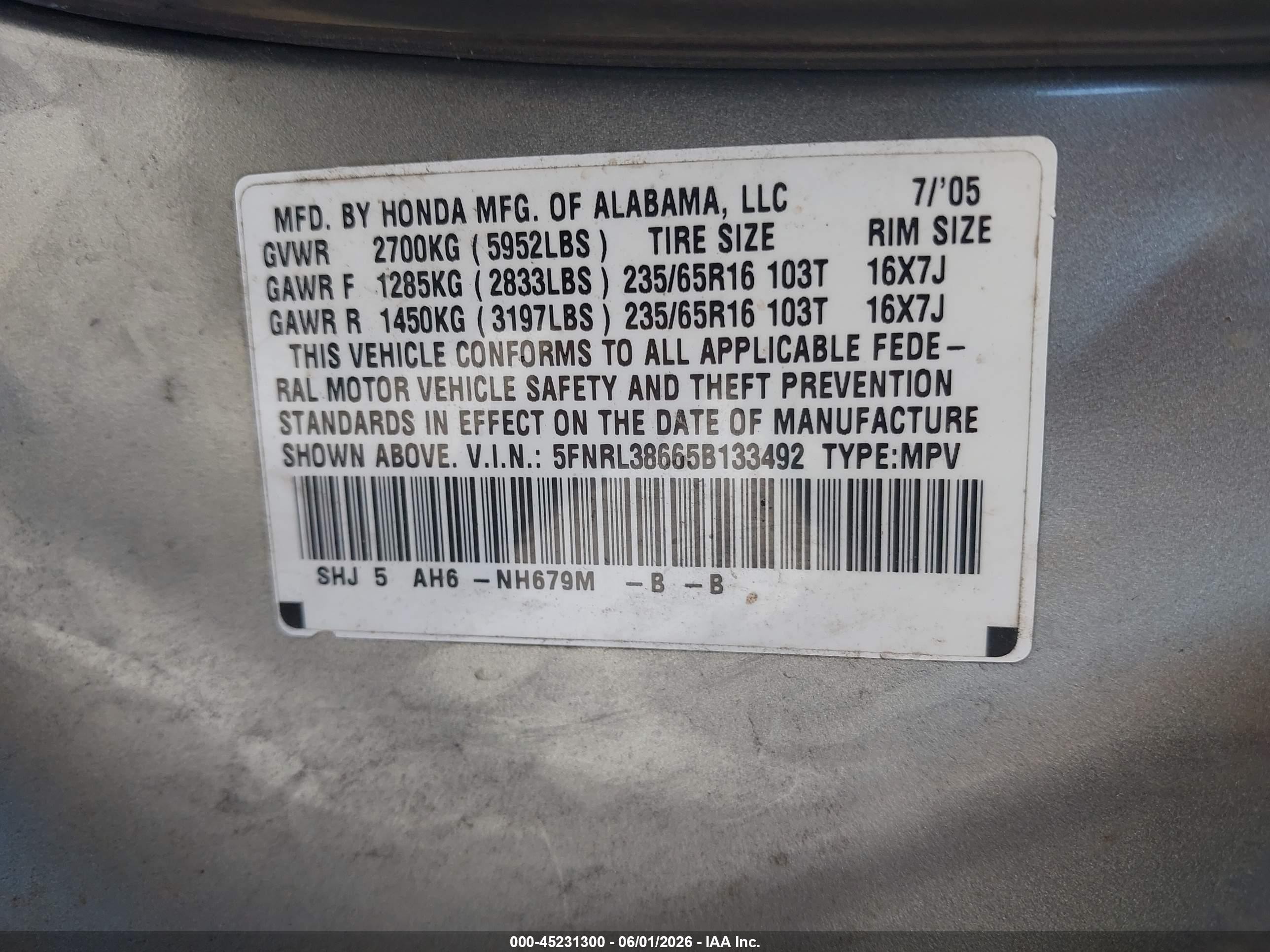 2005 Honda Odyssey Ex-l Light Blue vin: 5FNRL38665B133492