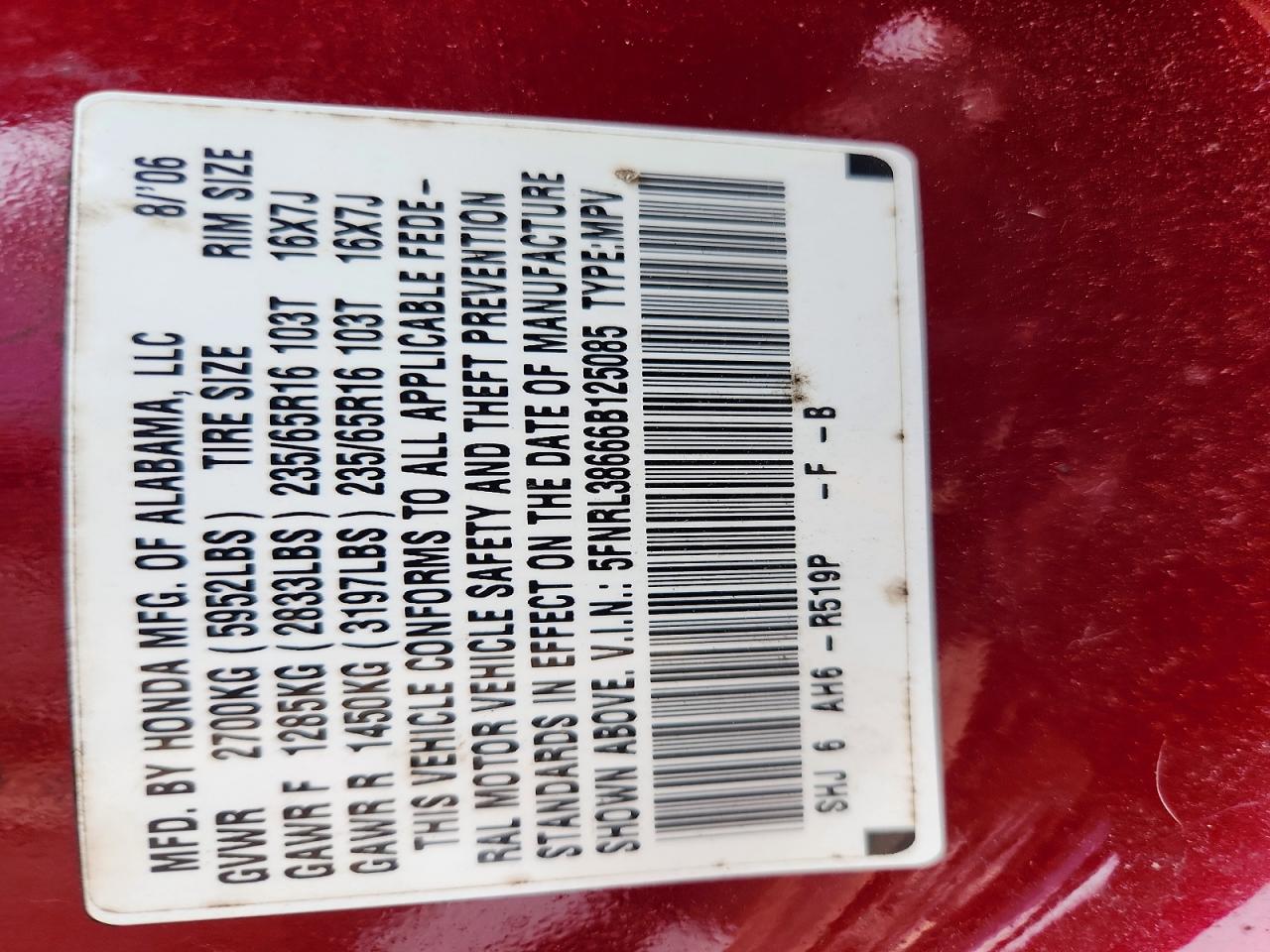 2006 Honda Odyssey Exl Red vin: 5FNRL38666B125085