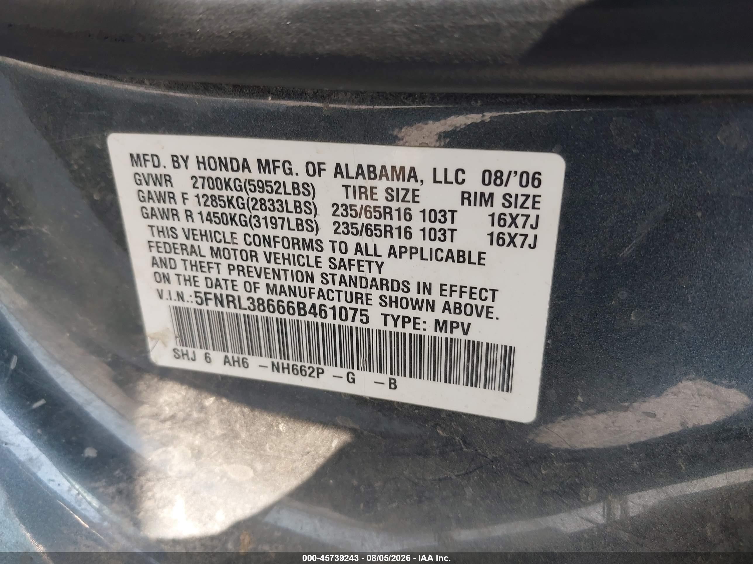 2006 Honda Odyssey Ex-l Blue vin: 5FNRL38666B461075