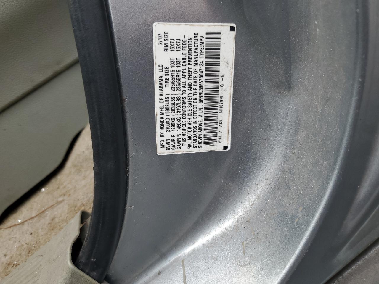 2007 Honda Odyssey Exl Gray vin: 5FNRL38667B047134