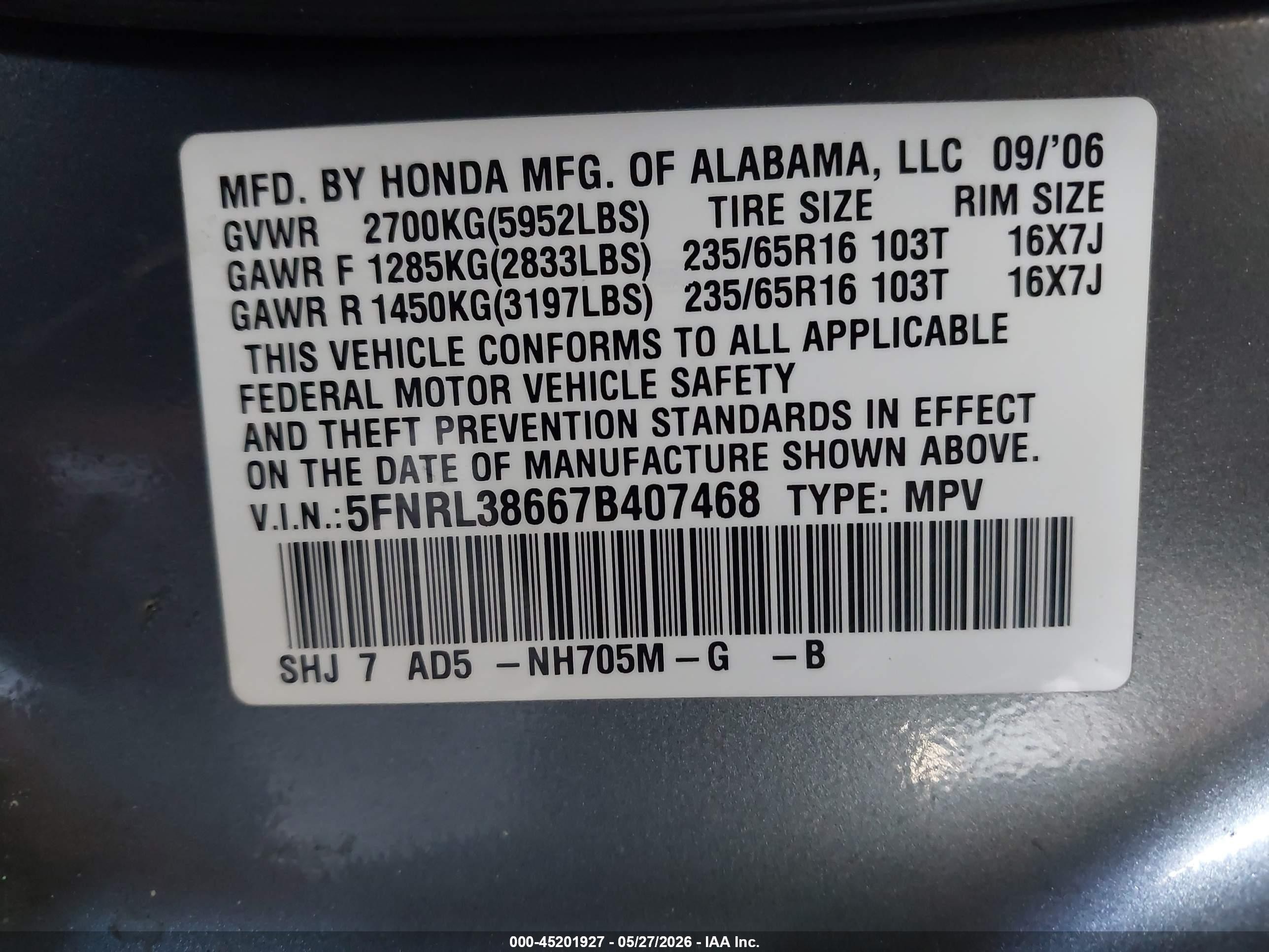 2007 Honda Odyssey Ex-l Gray vin: 5FNRL38667B407468