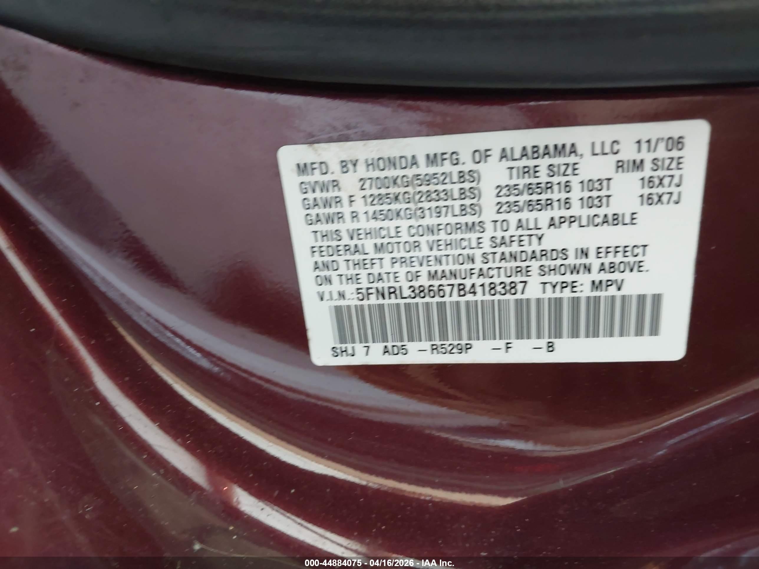 2007 Honda Odyssey Ex-l Maroon vin: 5FNRL38667B418387