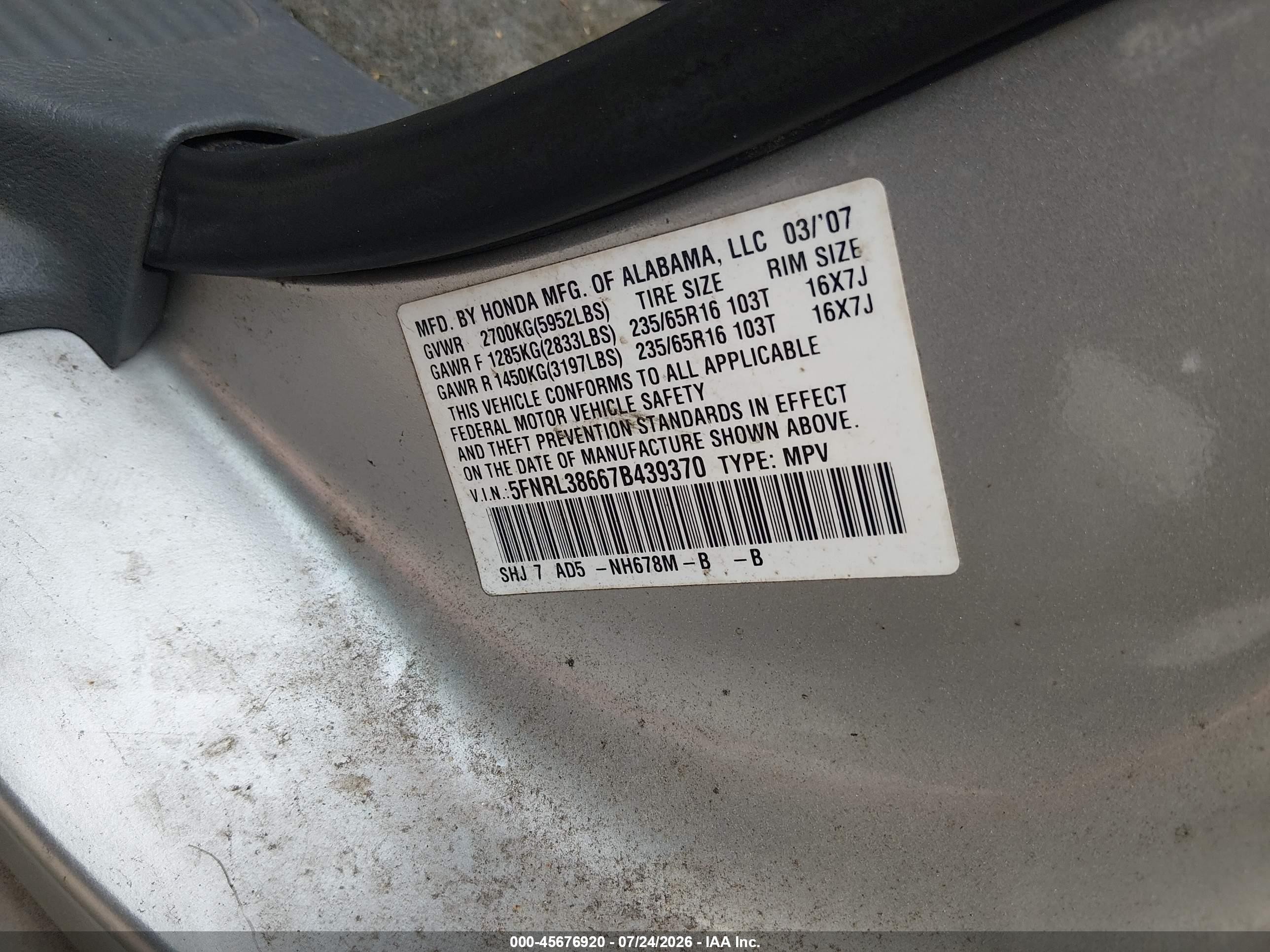 2007 Honda Odyssey Ex-l Silver vin: 5FNRL38667B439370